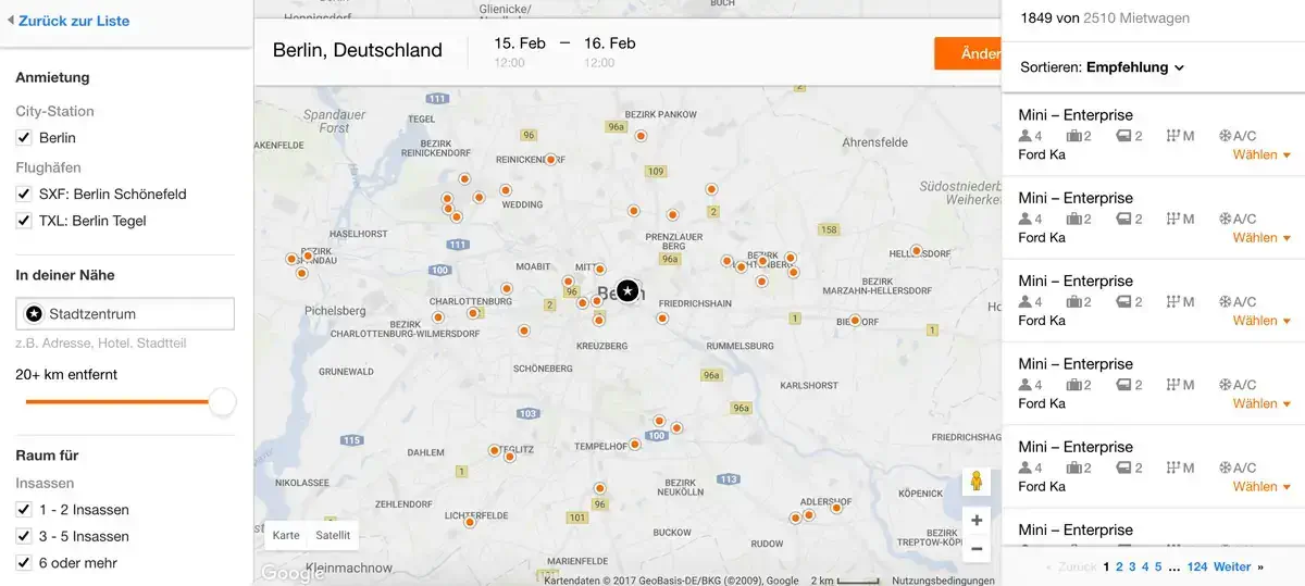 KAYAK Mietwagensuche Kartenansicht
