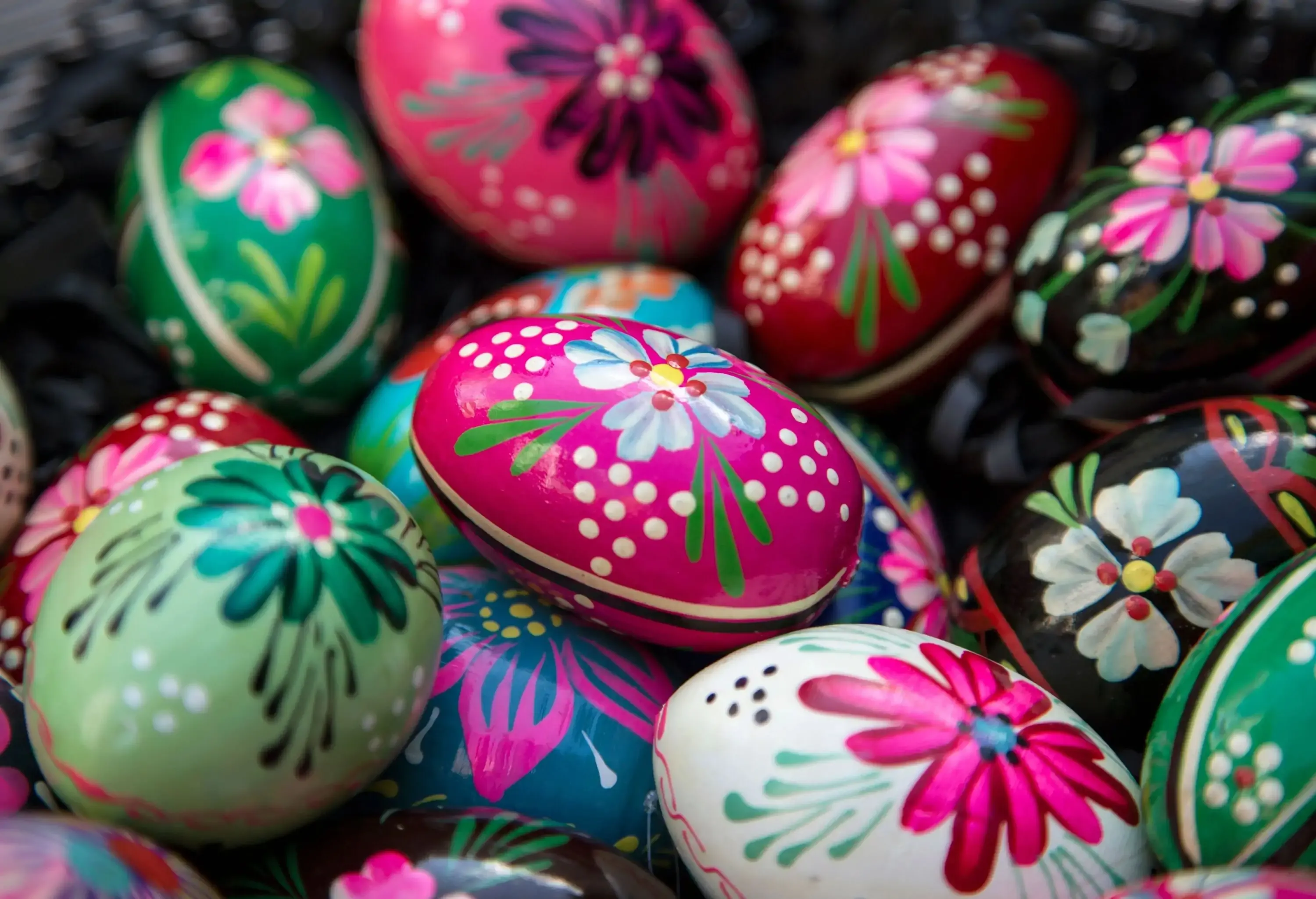 A collection of colourful hand-painted Easter eggs.