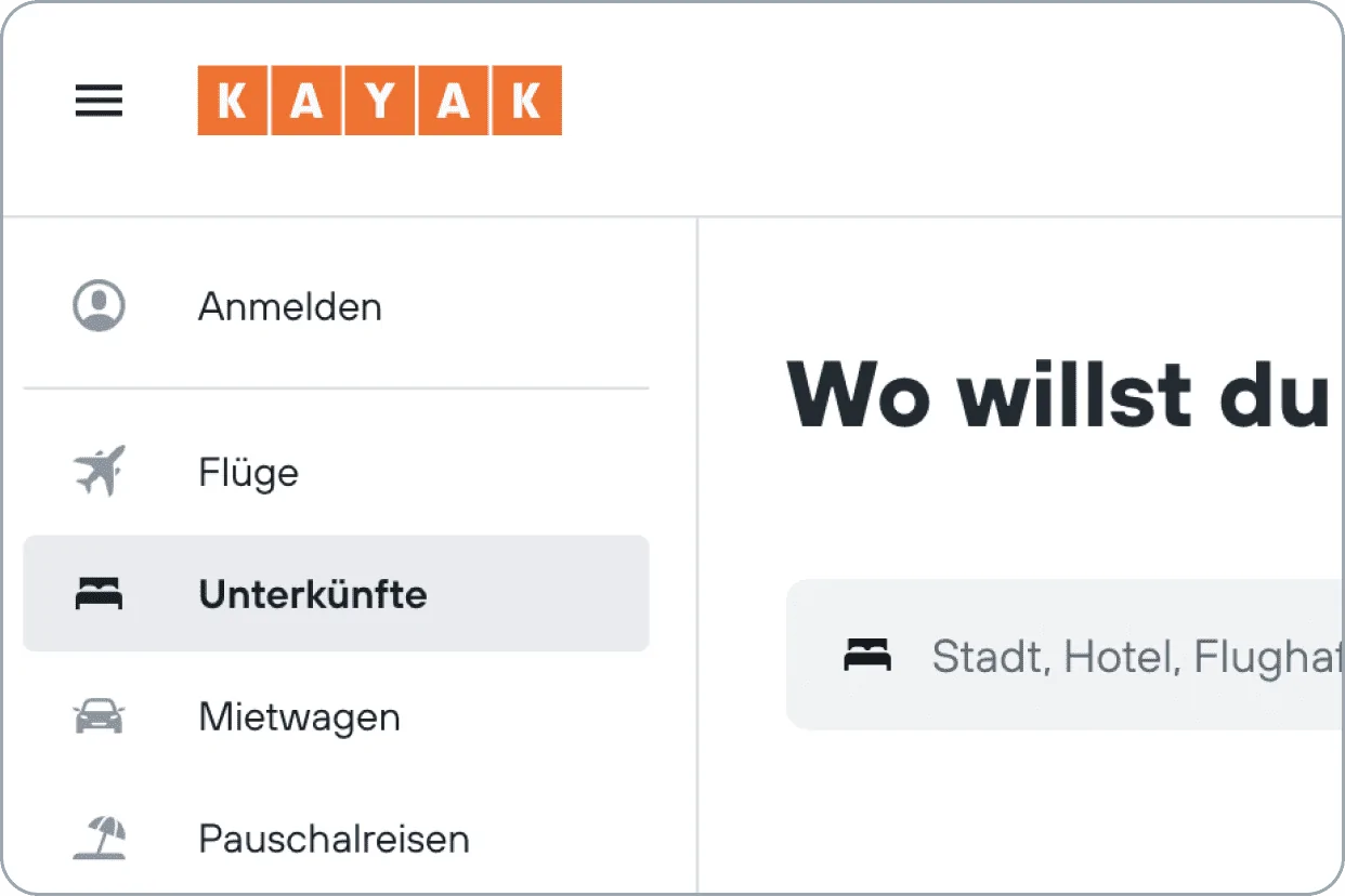 Step one of how to find a hotel room with roll-in shower: go to the page "stays" on KAYAK