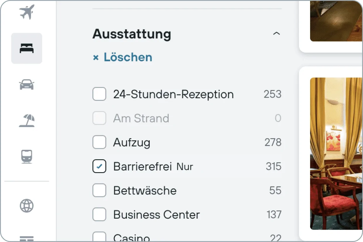 Step two of how to find a hotel room with roll-in shower: select the filter "increased accessibility"