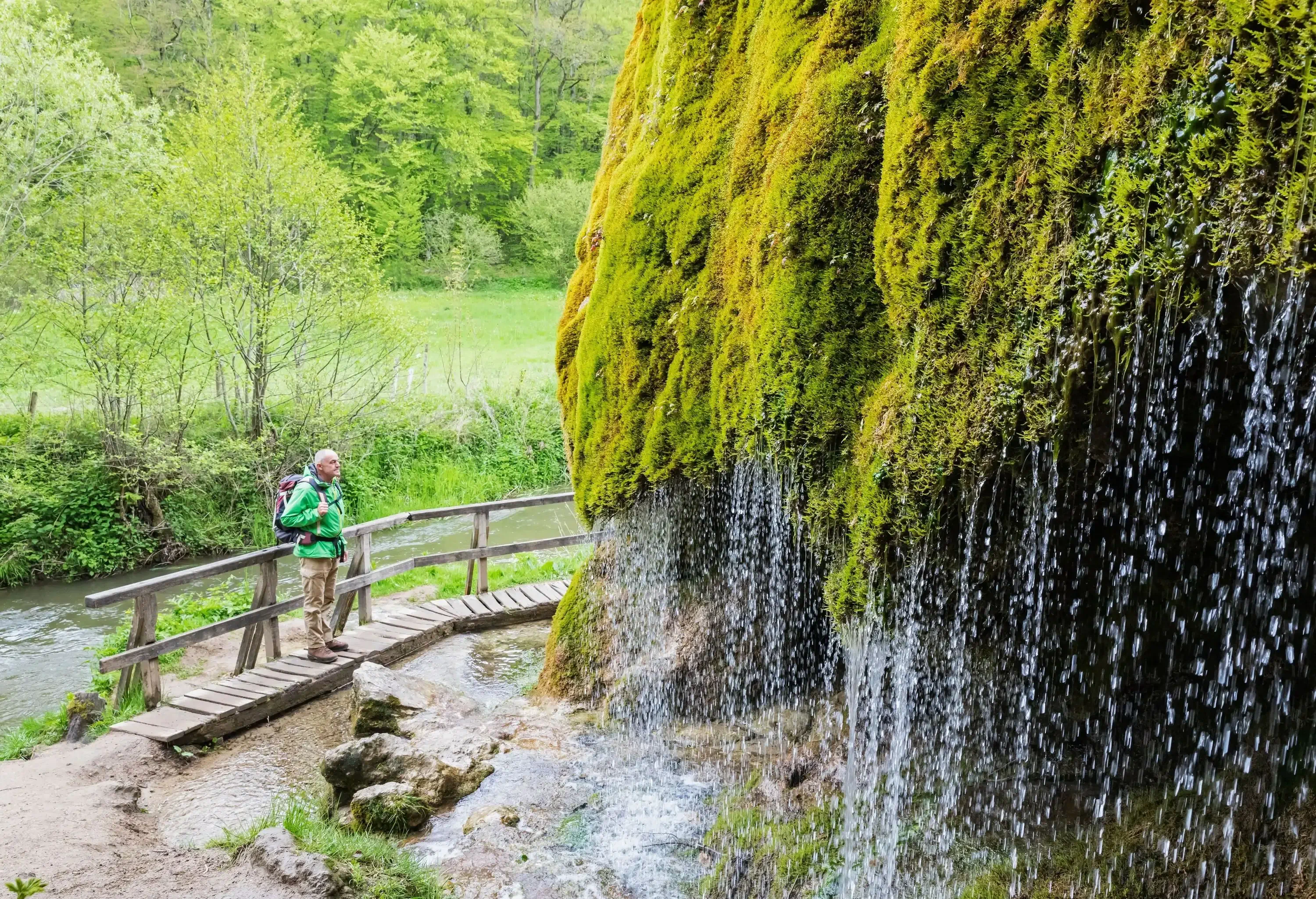 A person stands on a wooden bridge and stares at a low-volume waterfall covered in moss.