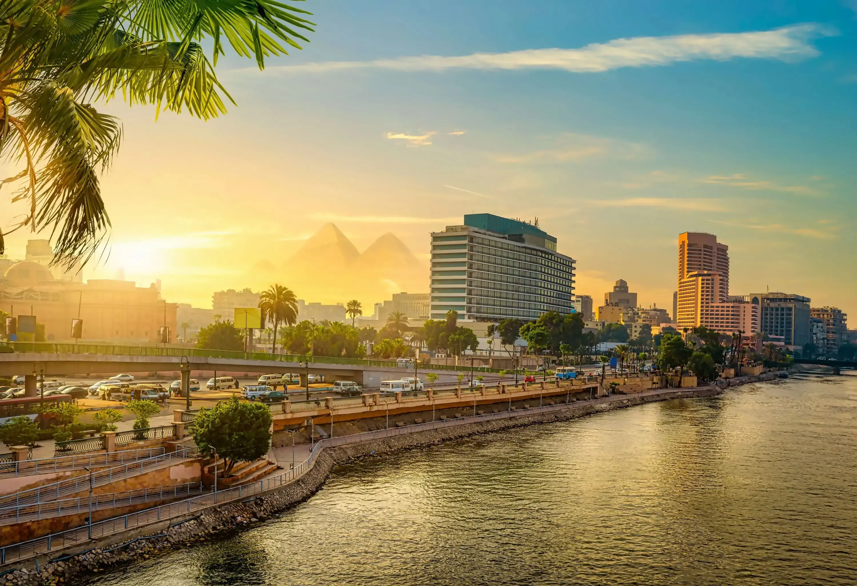 View on modern Cairo from the Nile at sunset