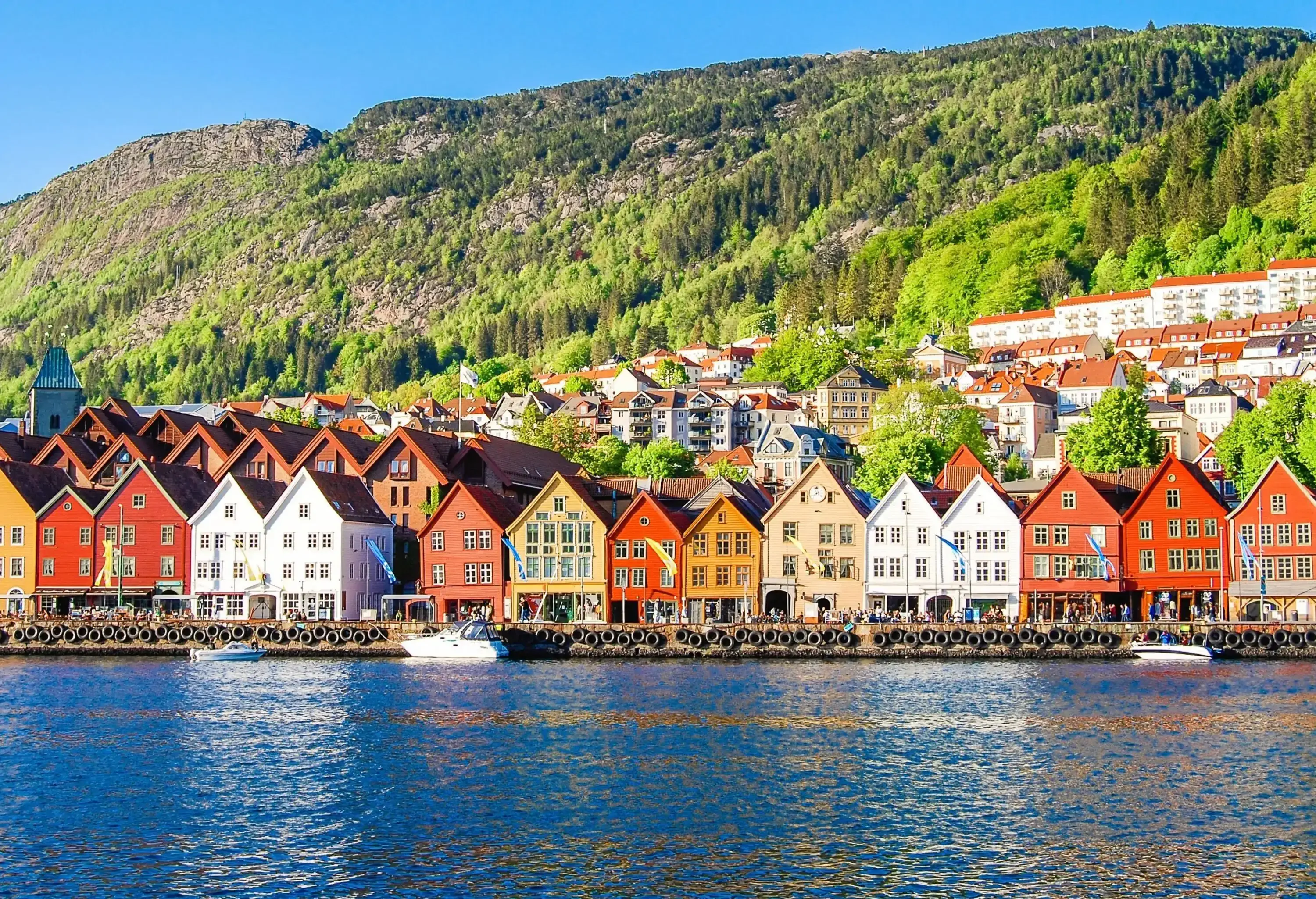 Rows of colourful buildings layered on the forested mountainside along the shore.