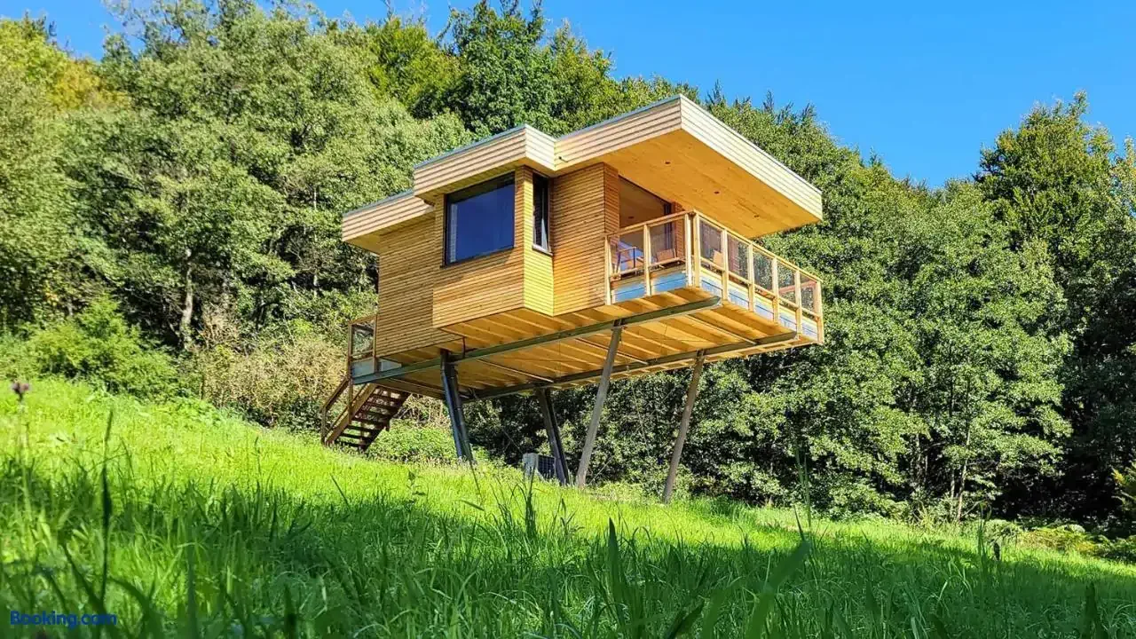An elevated wooden treehouse-style cabin on stilts, surrounded by a grassy meadow and dense forest under a clear blue sky.