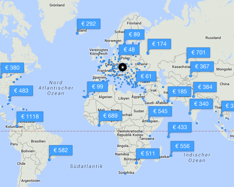 Praktisch: Mit Hilfe dieser interaktiven Karte findest du die günstigen Flüge, die zu deinem Reisebudget passen
