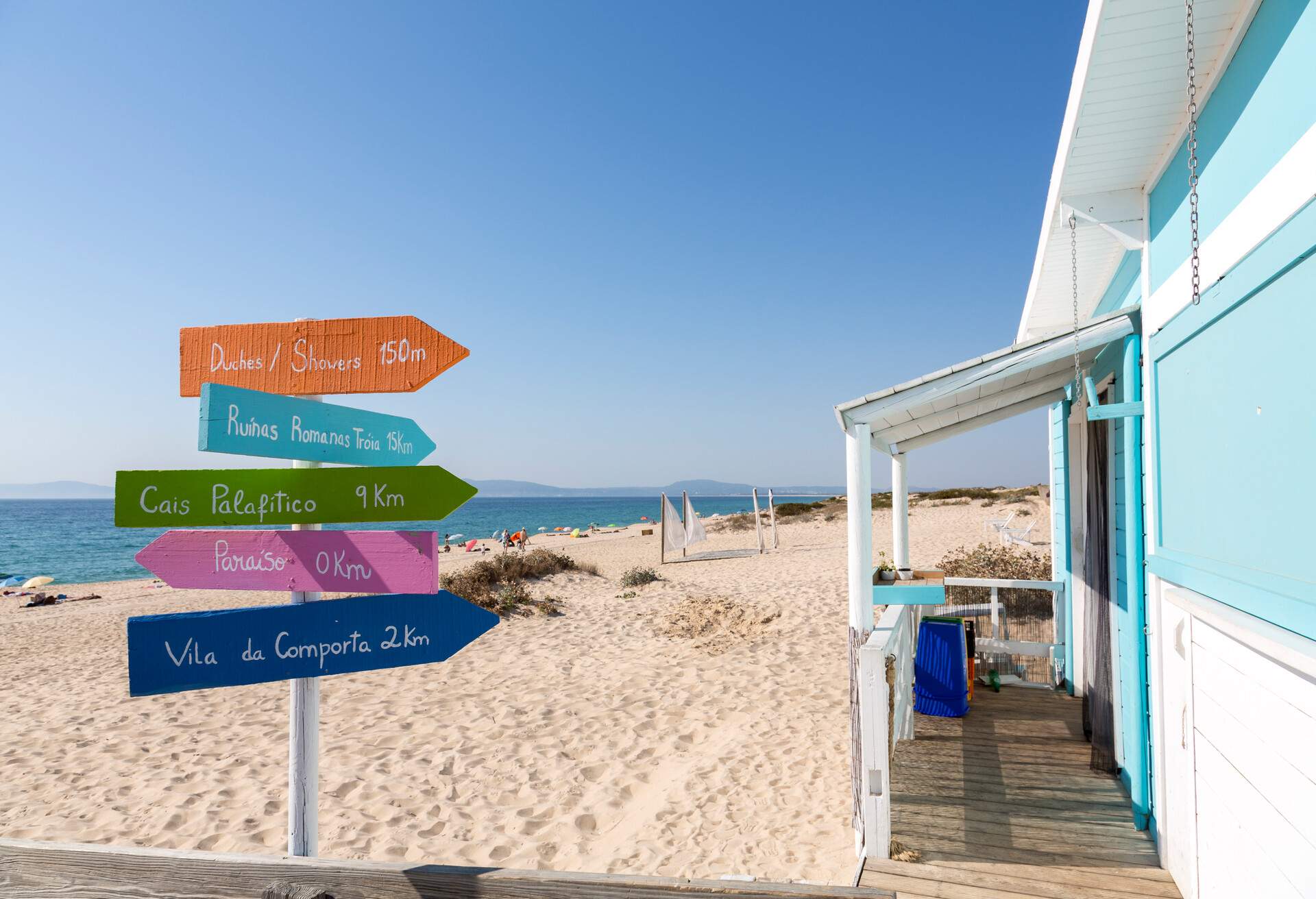A wooden white and blue house and a colourful street sign on the sandy shore of a tranquil beach.
