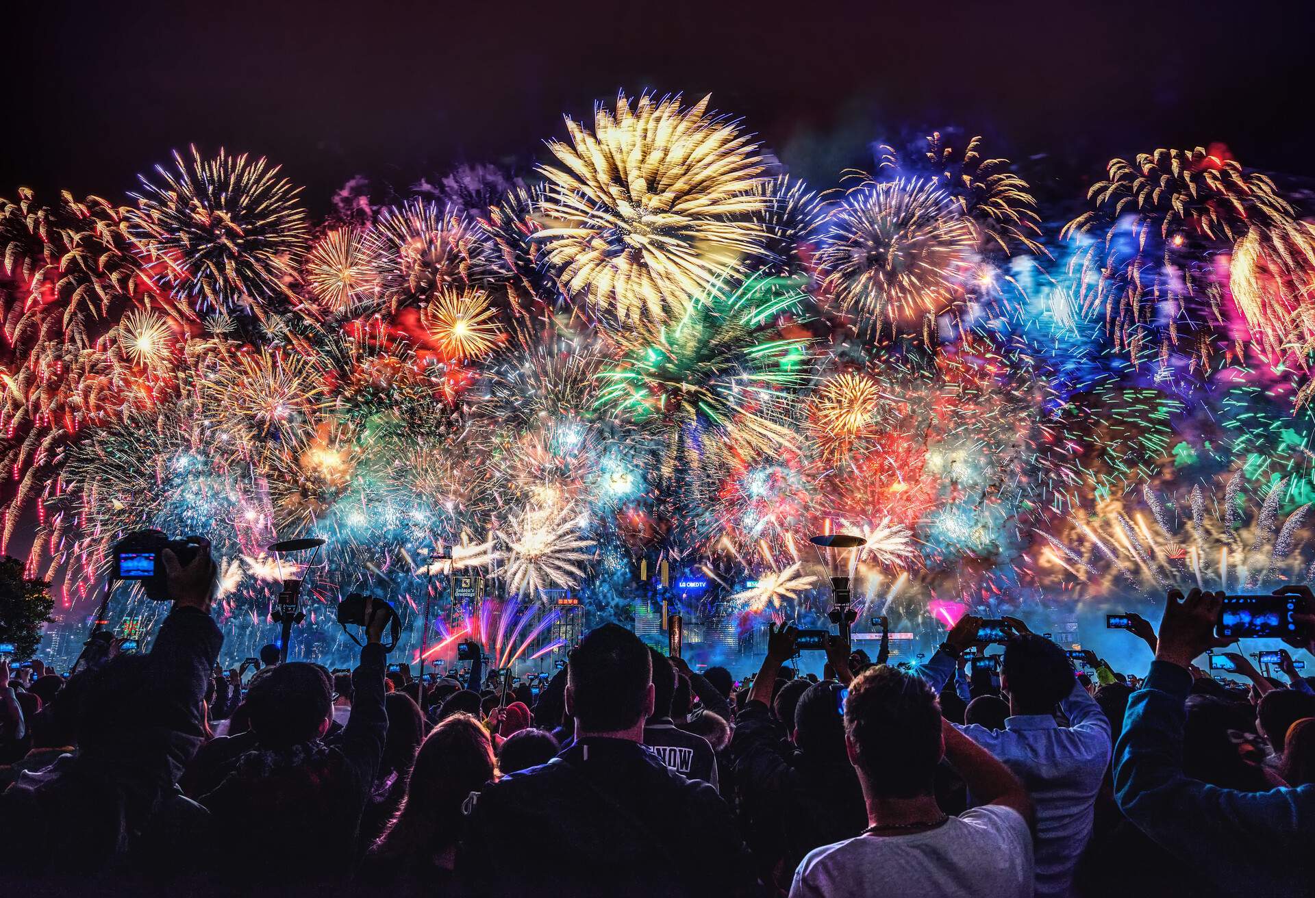 New years eve celebrations with bright fireworks in the sky in Hong Kong