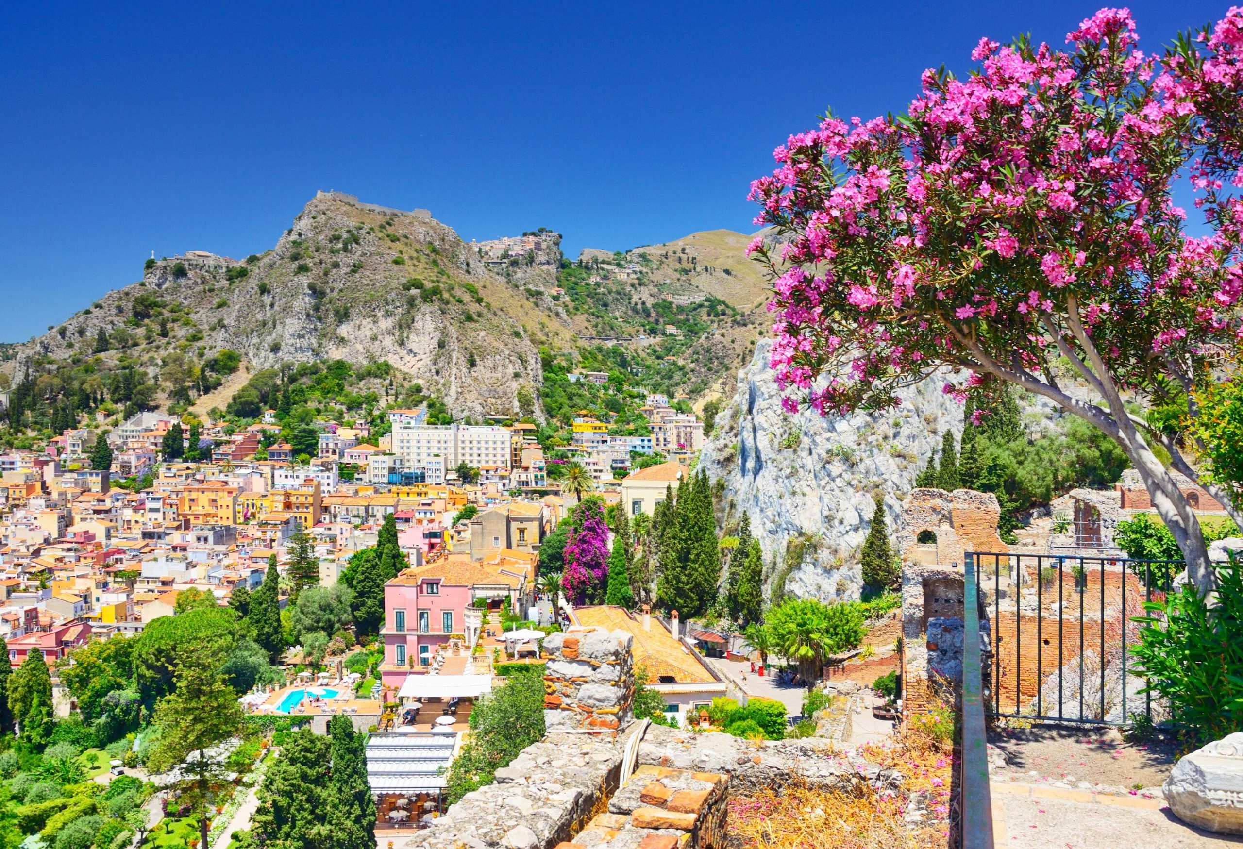 An old charming, colourful village set on the slope of a steep rock mountain. 