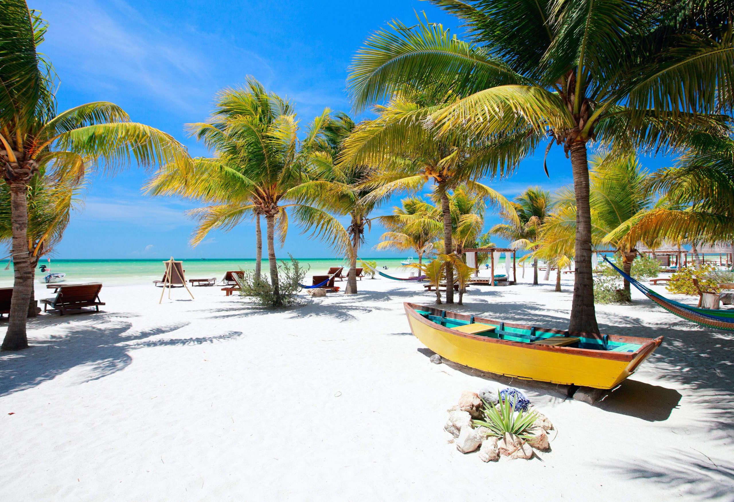 A relaxing white sand beach with scattered beach beds and hammocks under the lush palm trees.