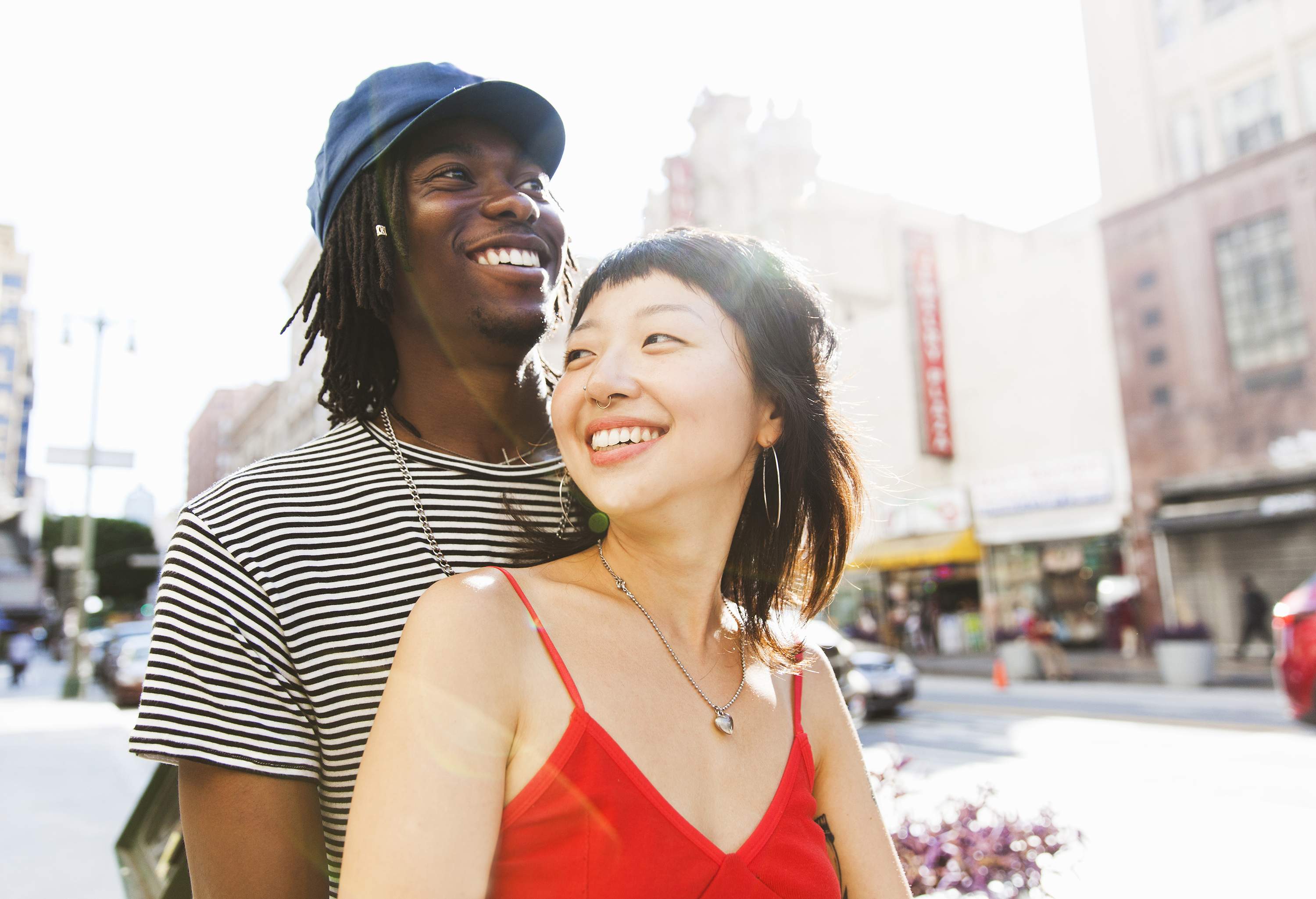 Close up of happy couple on a street in a city