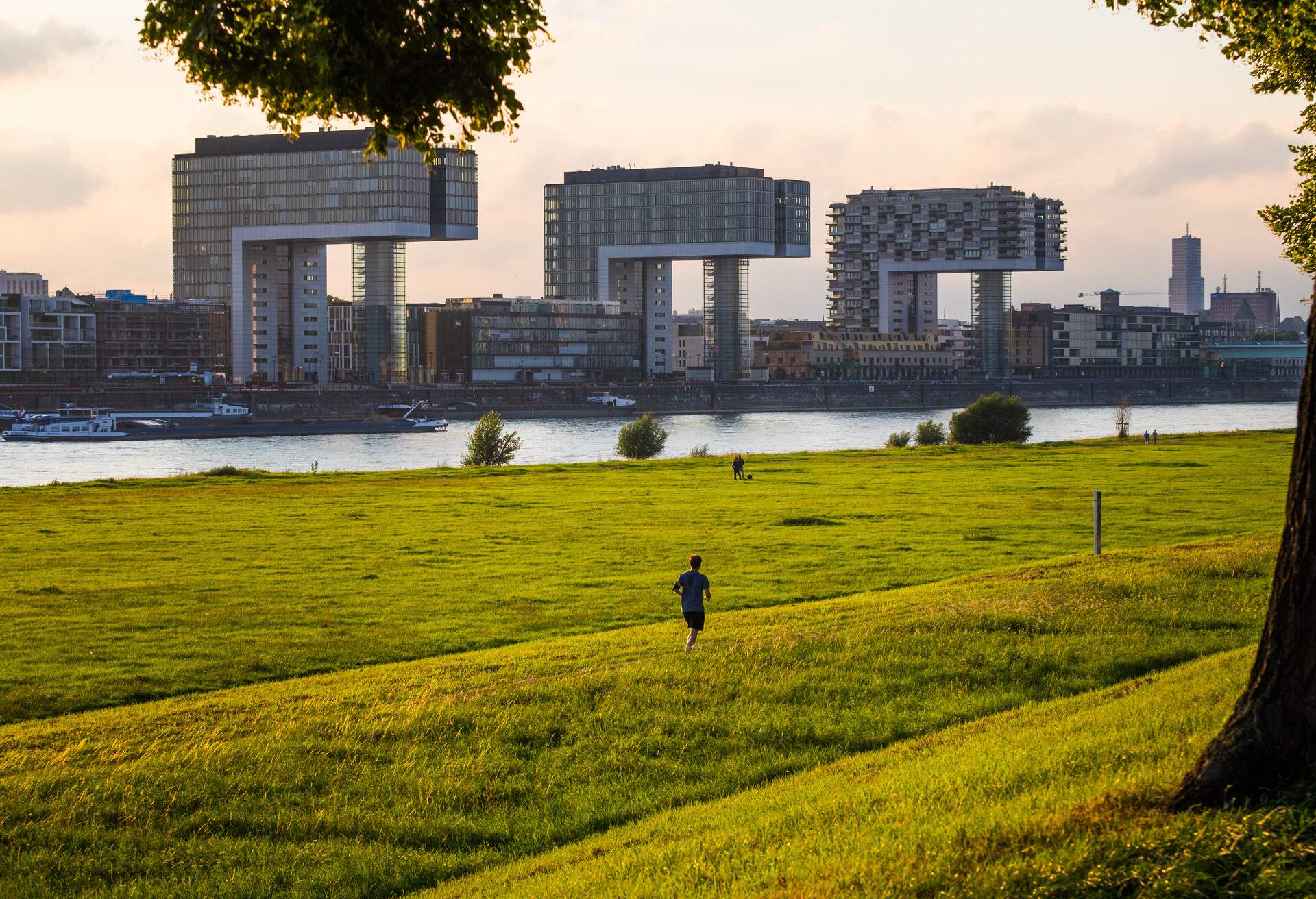 A man running along the banks of the rhine river in Cologne Germany.