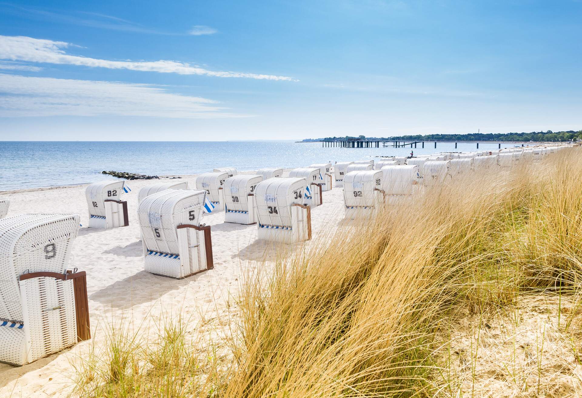 Beach chairs with canopies line the sand adjacent to a beautiful blue sea.