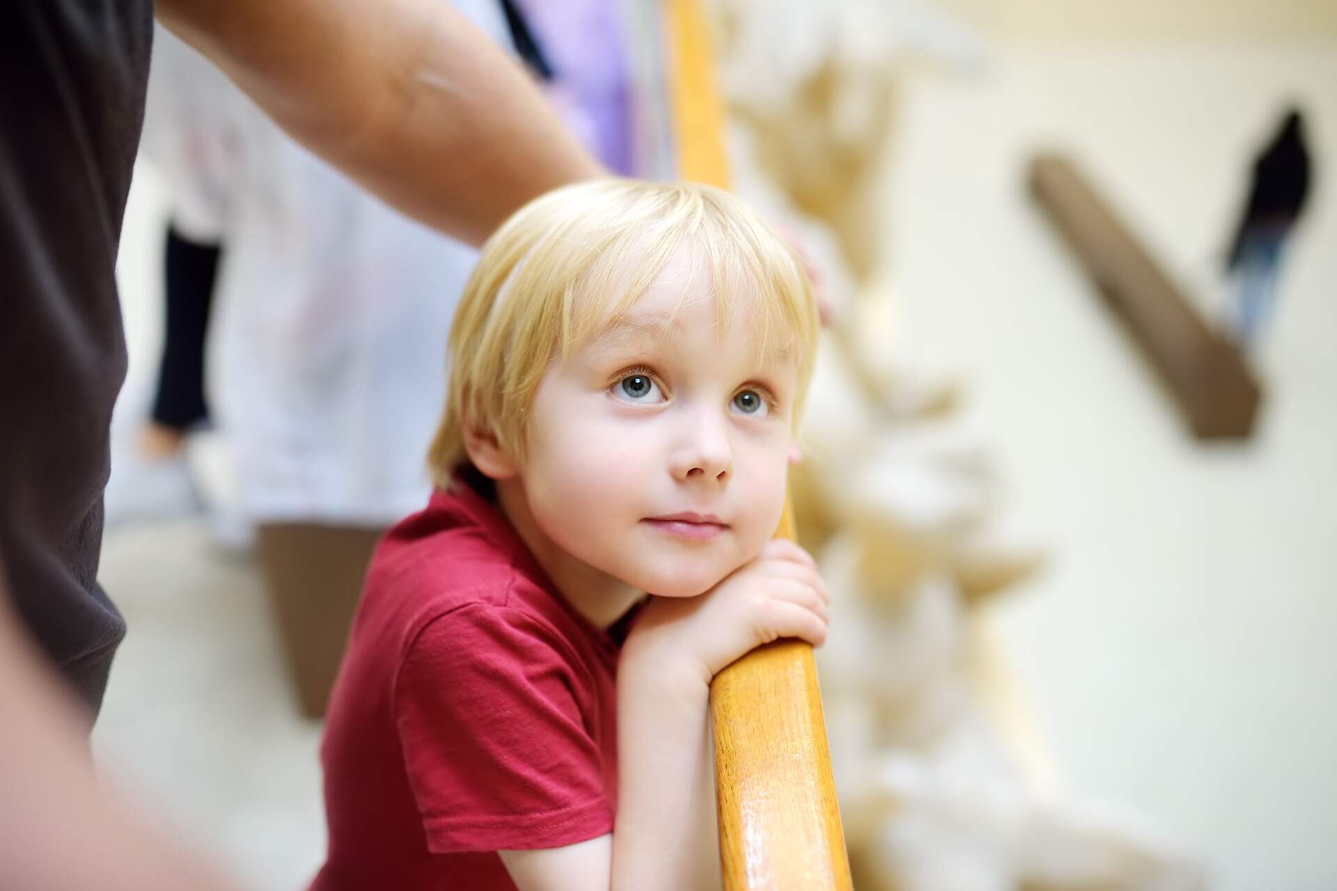 A young boy leaning on wooden hand rail while gazing upward.
