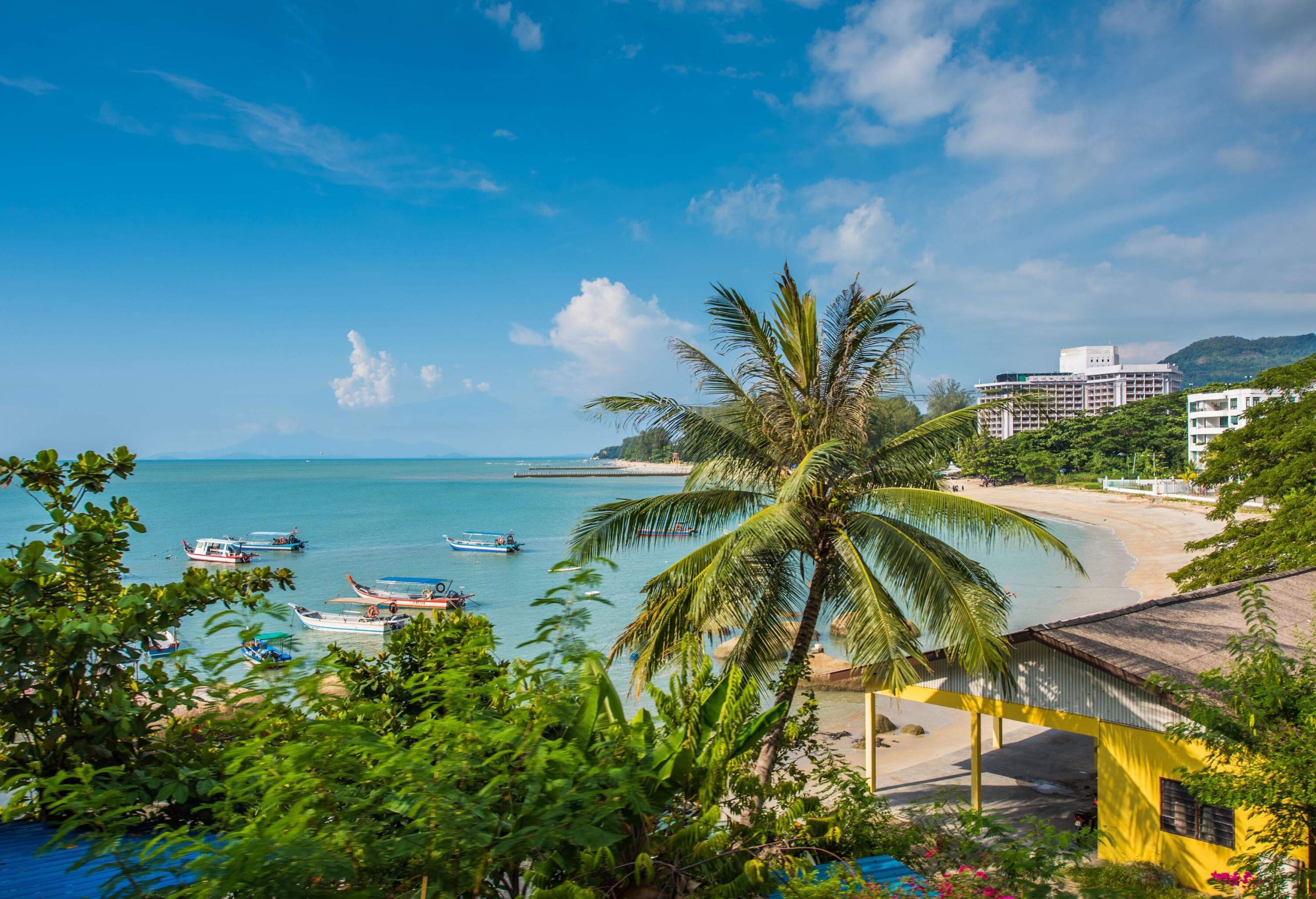 A tropical coast with beachfront buildings that look out to the sea strewn with boats.