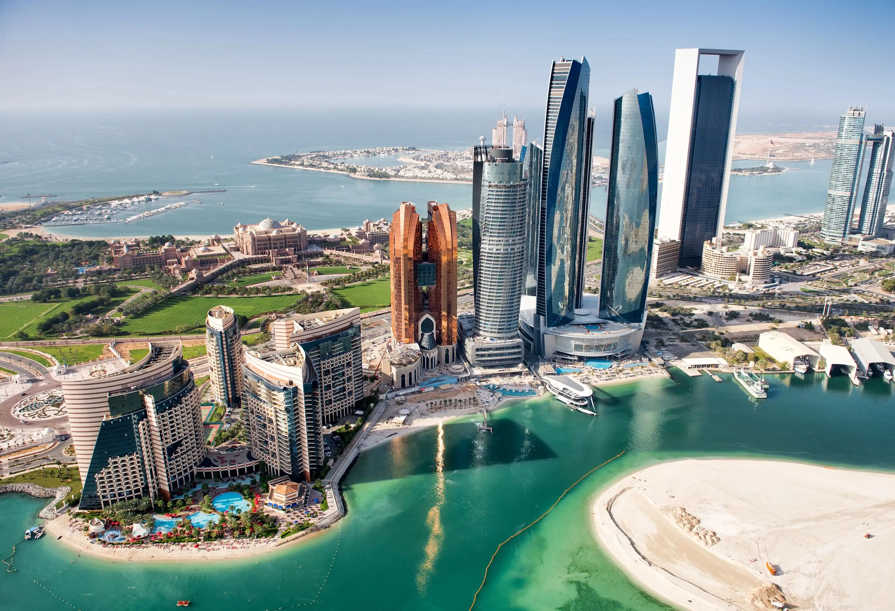 A posh island town with oceanfront resorts and contemporary skyscrapers.
