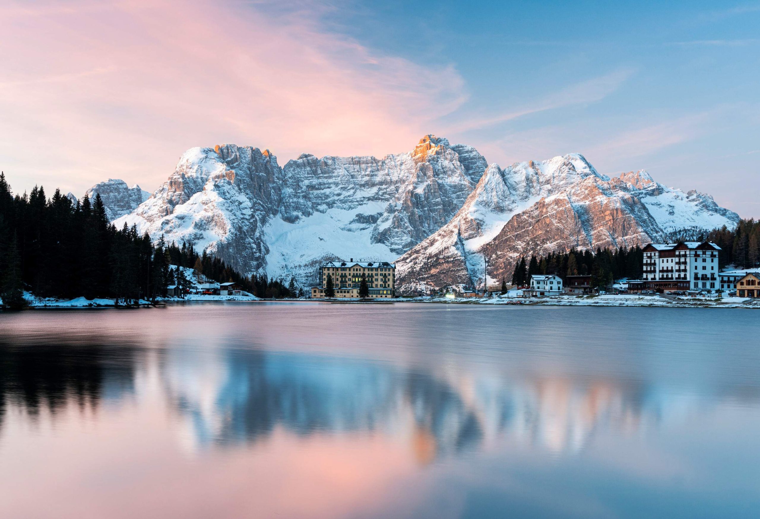 Sorapiss mountain peak reflected in the pristine lake Misurina at sunrise, Dolomites, Auronzo di Cadore, Belluno province, Veneto, Italy.