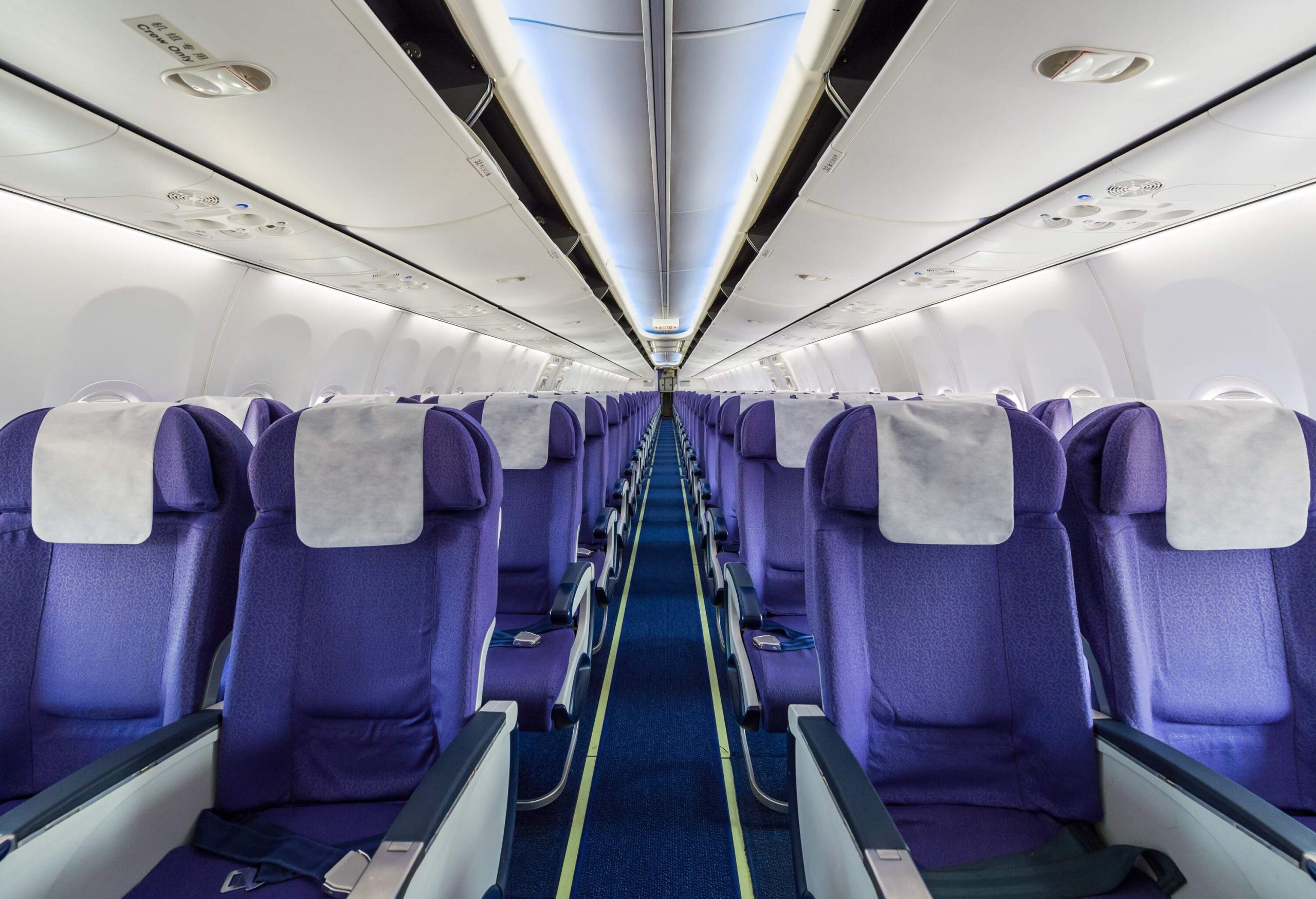 A cleaned out passenger aircraft with vacant purple seats.