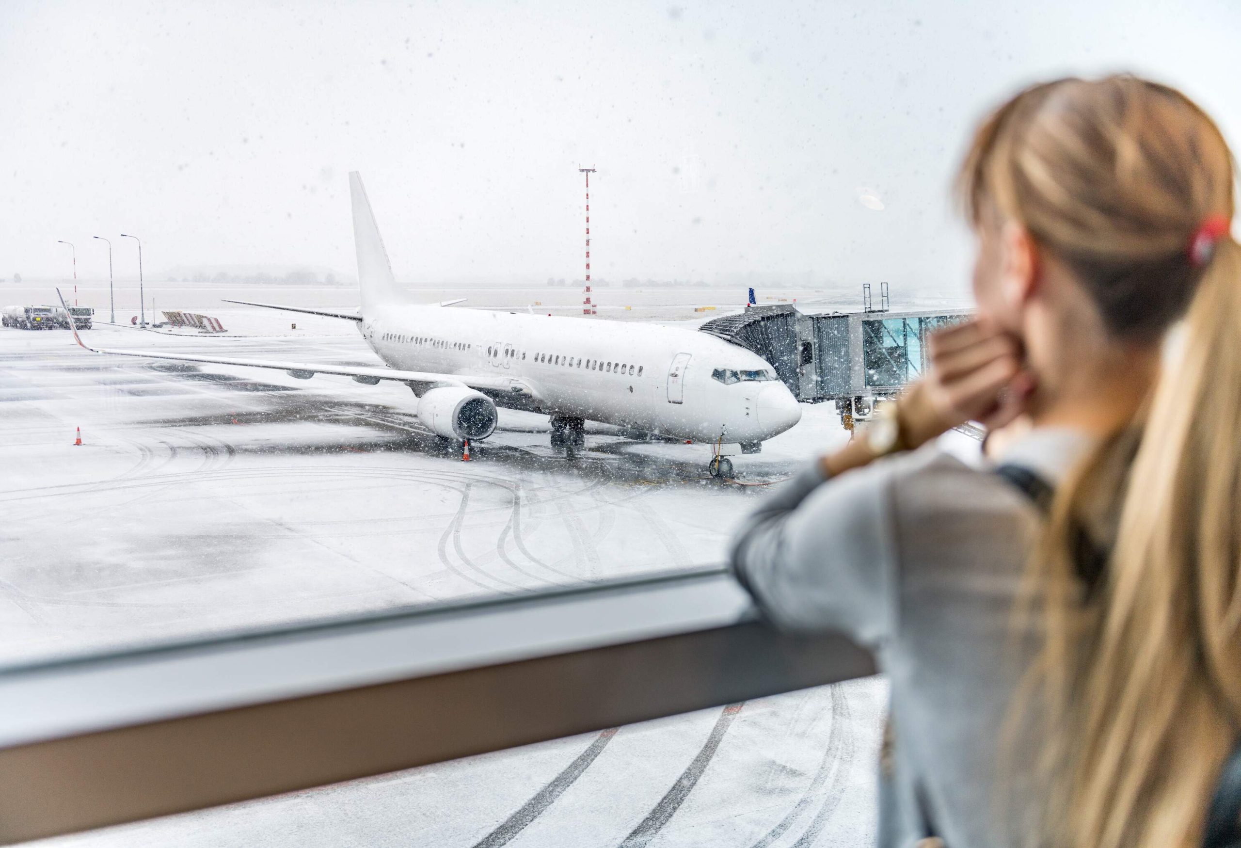 A woman looking at a large aircraft on the tarmac through the glass windows of the terminal.