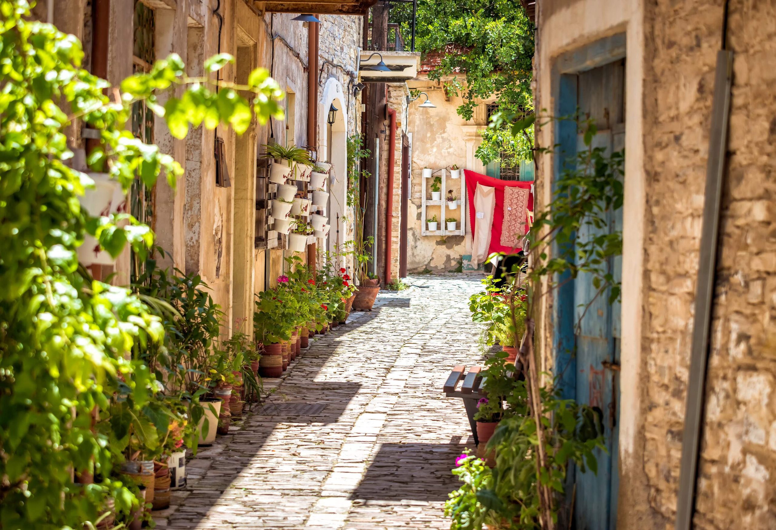 A small cobblestone alleyway flanked with stone homes, the walls adorned with potted plants.