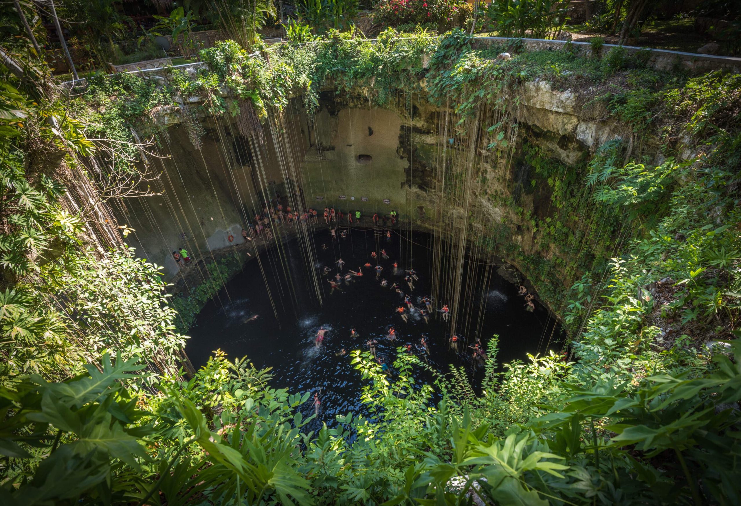 Aerial view of a swimming hole with crystal clear waters shrouded in vegetation.