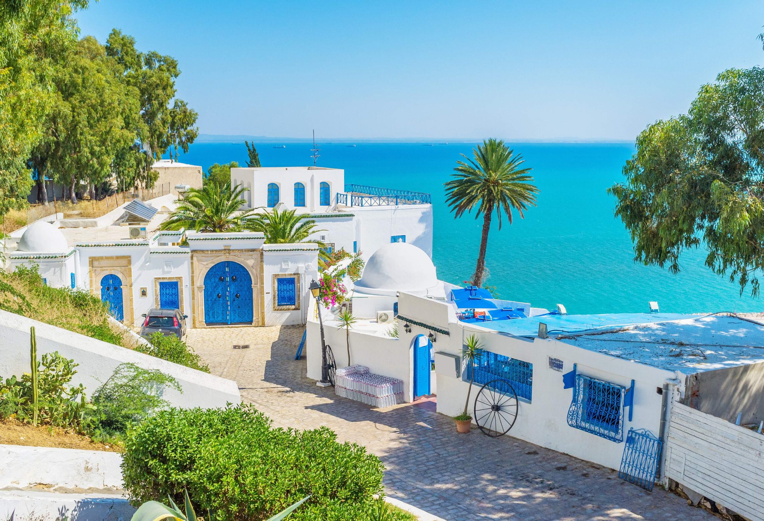 A cobbled street alongside a small village's blue and white houses on the lush mountainside overlooking the turquoise sea.