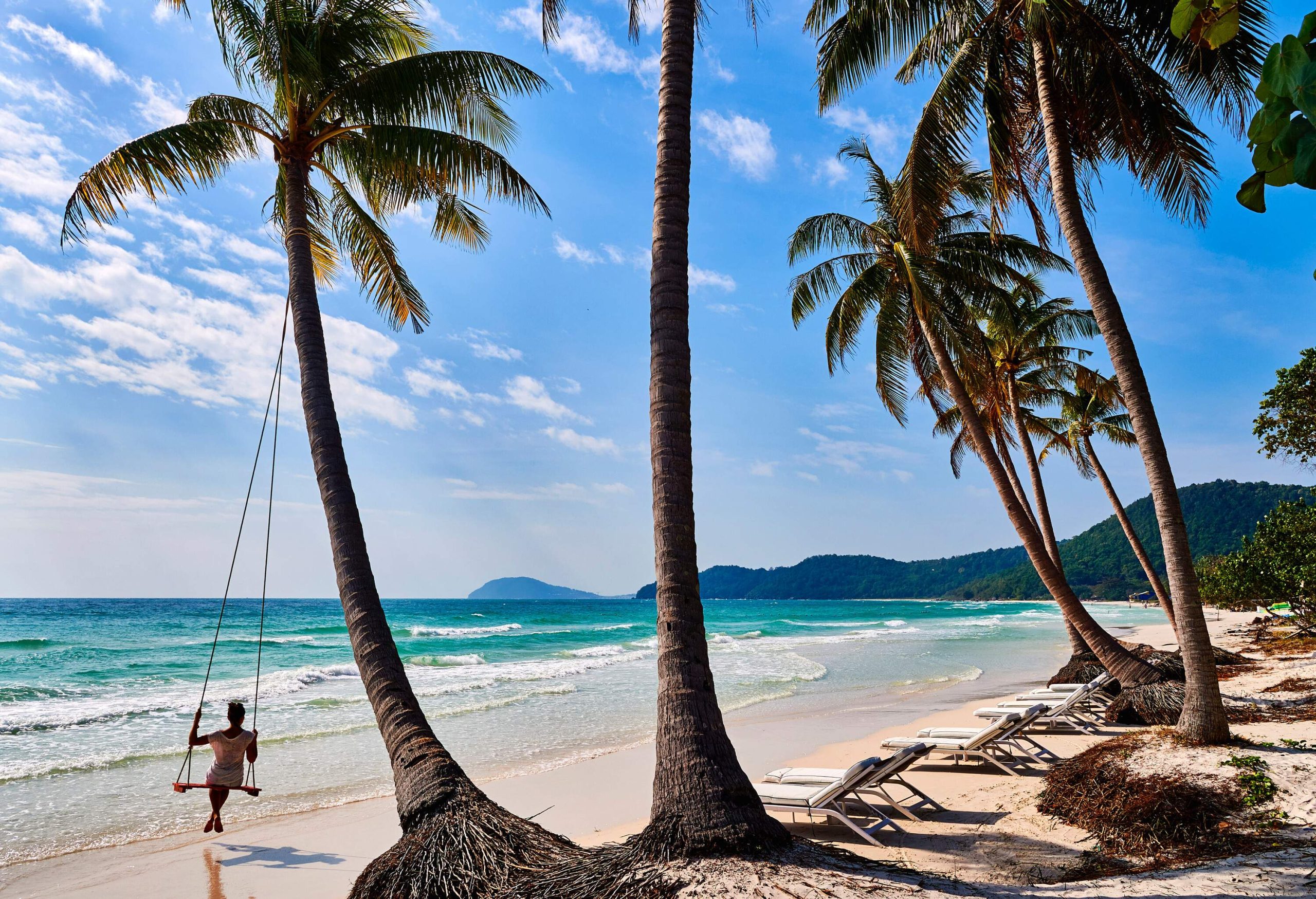 A tranquil beach features a person swinging on a swing tied to a palm tree, a line of palm trees swaying in the gentle breeze, and waves lapping onto the sandy shore.