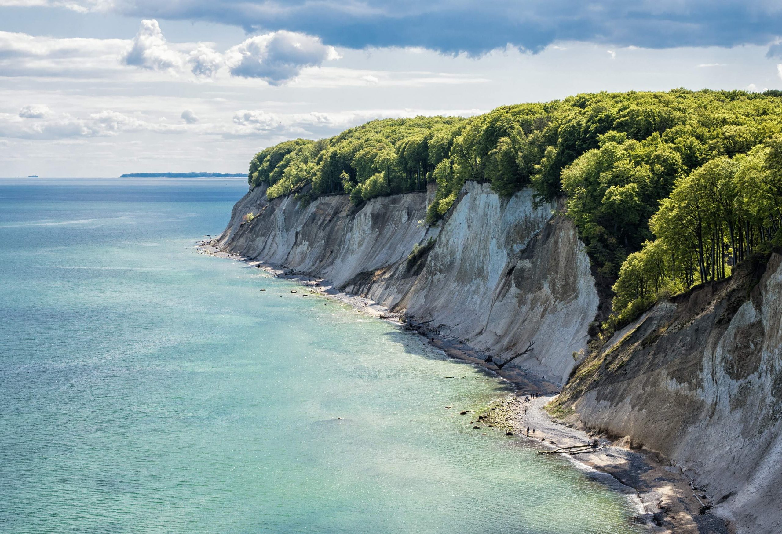 A steep white cliff covered in thick vegetation along an ocean.