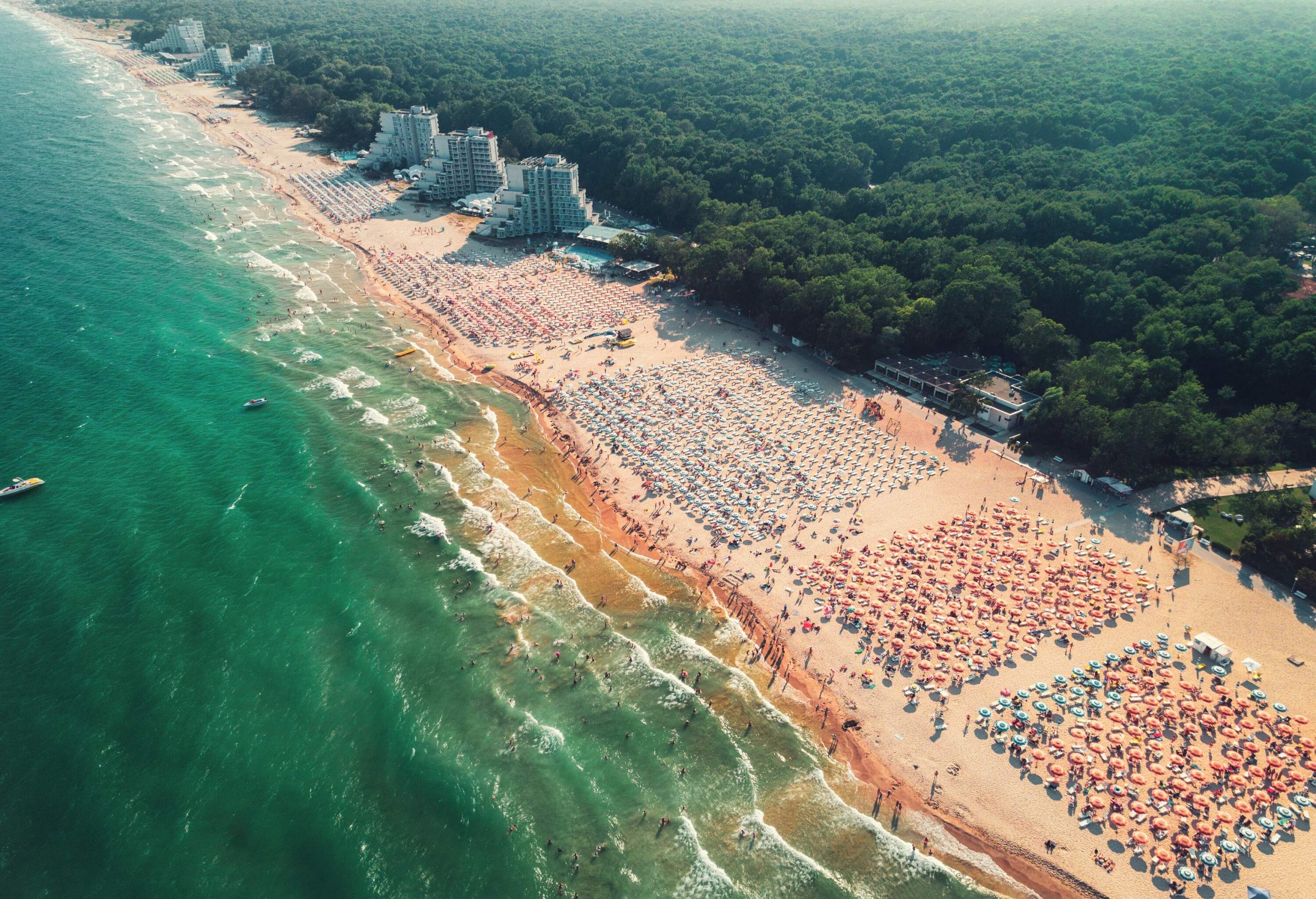 Aerial drone view of Albena sandy beach resort, Bulgaria. Summer tourism.
