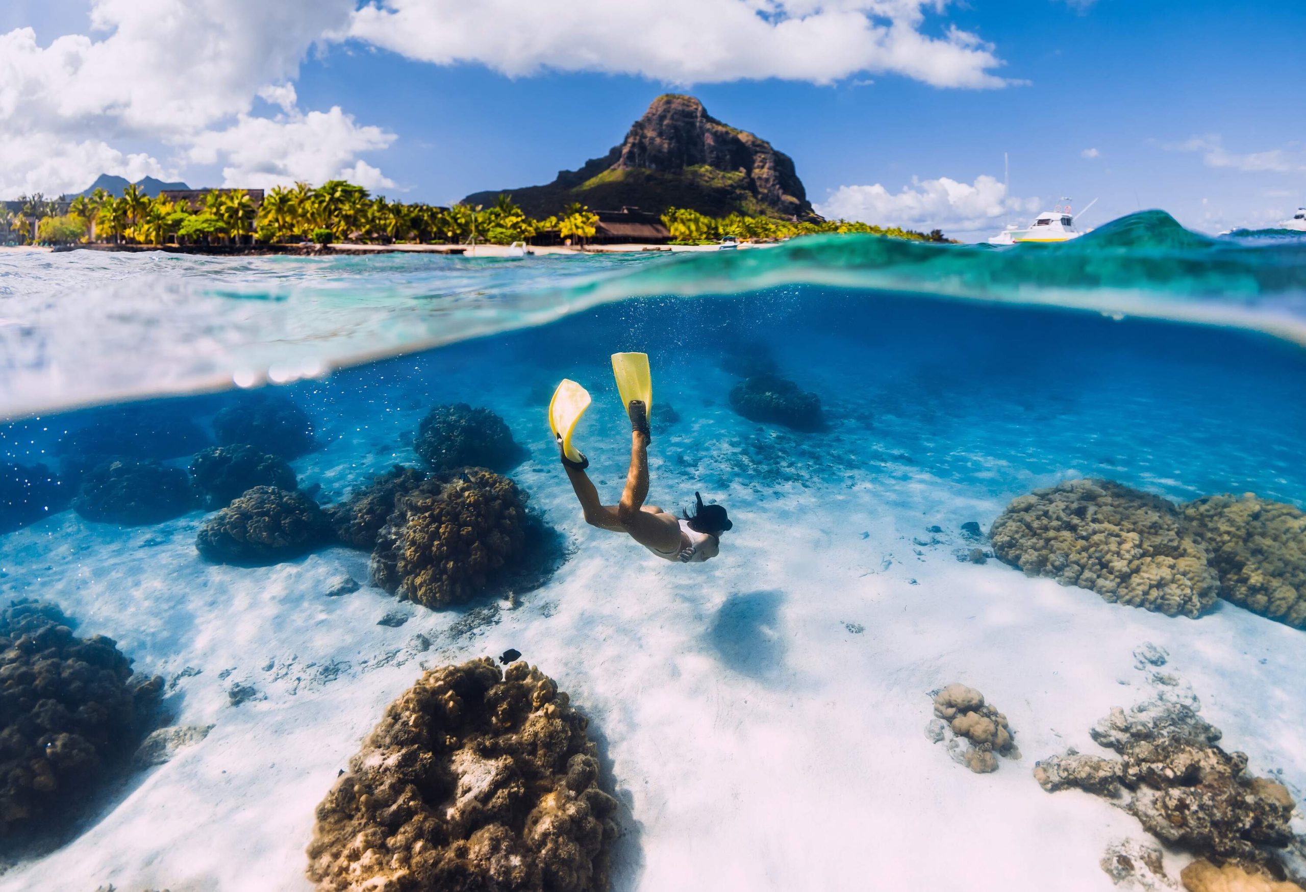 A woman diving to the bottom of the sea littered with coral reefs.