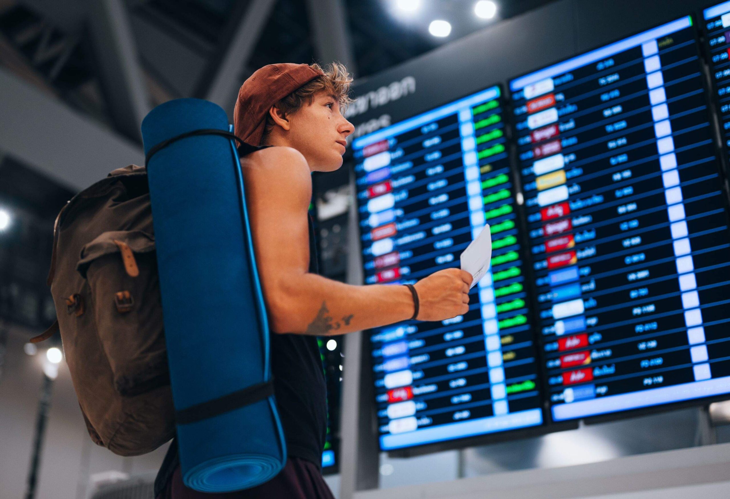 A young man checking his flight on the departure board. He holds a plane tickets in his hands. Travel concept