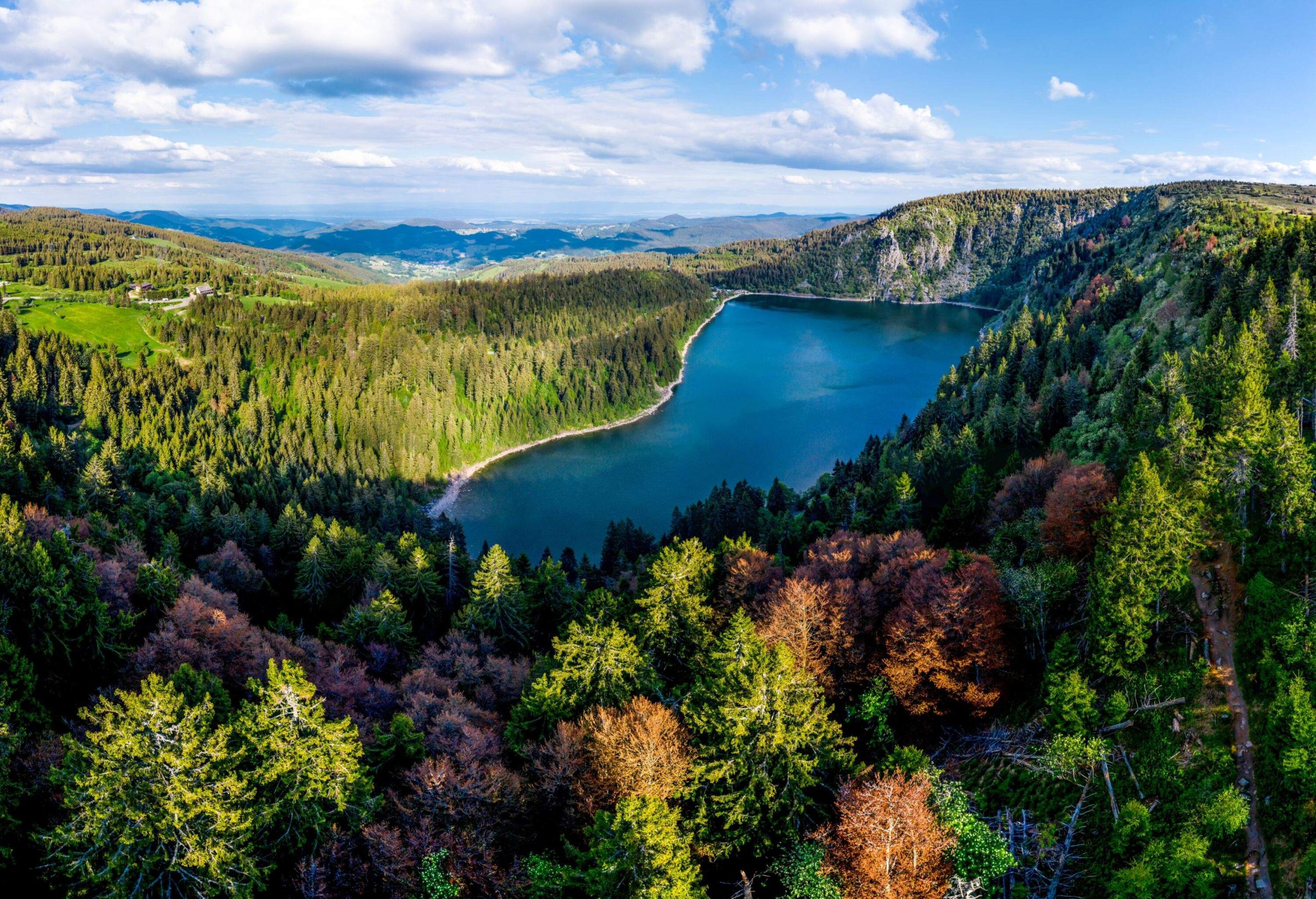 Panoramic landscape. View from the drone of the White Lake in the Vosges, Alsace. Beautiful cliffs, gorgeous nature of the national park. France.