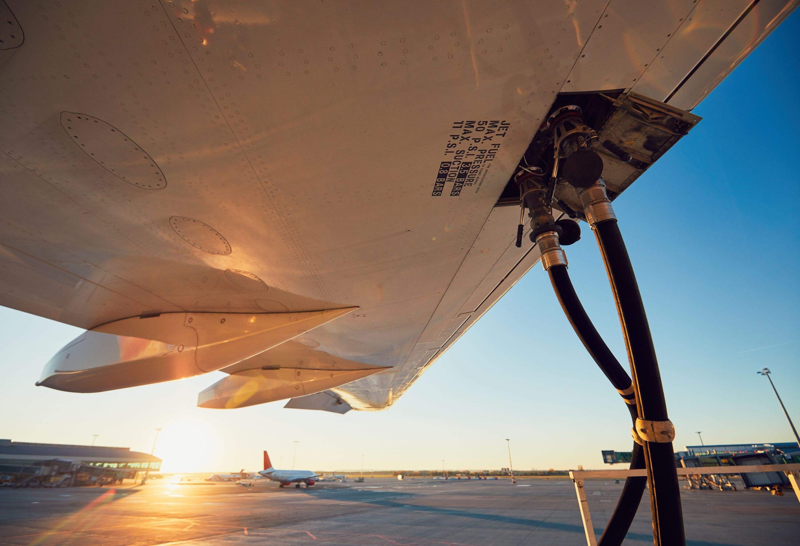 An aircraft being refueled in a tarmac.