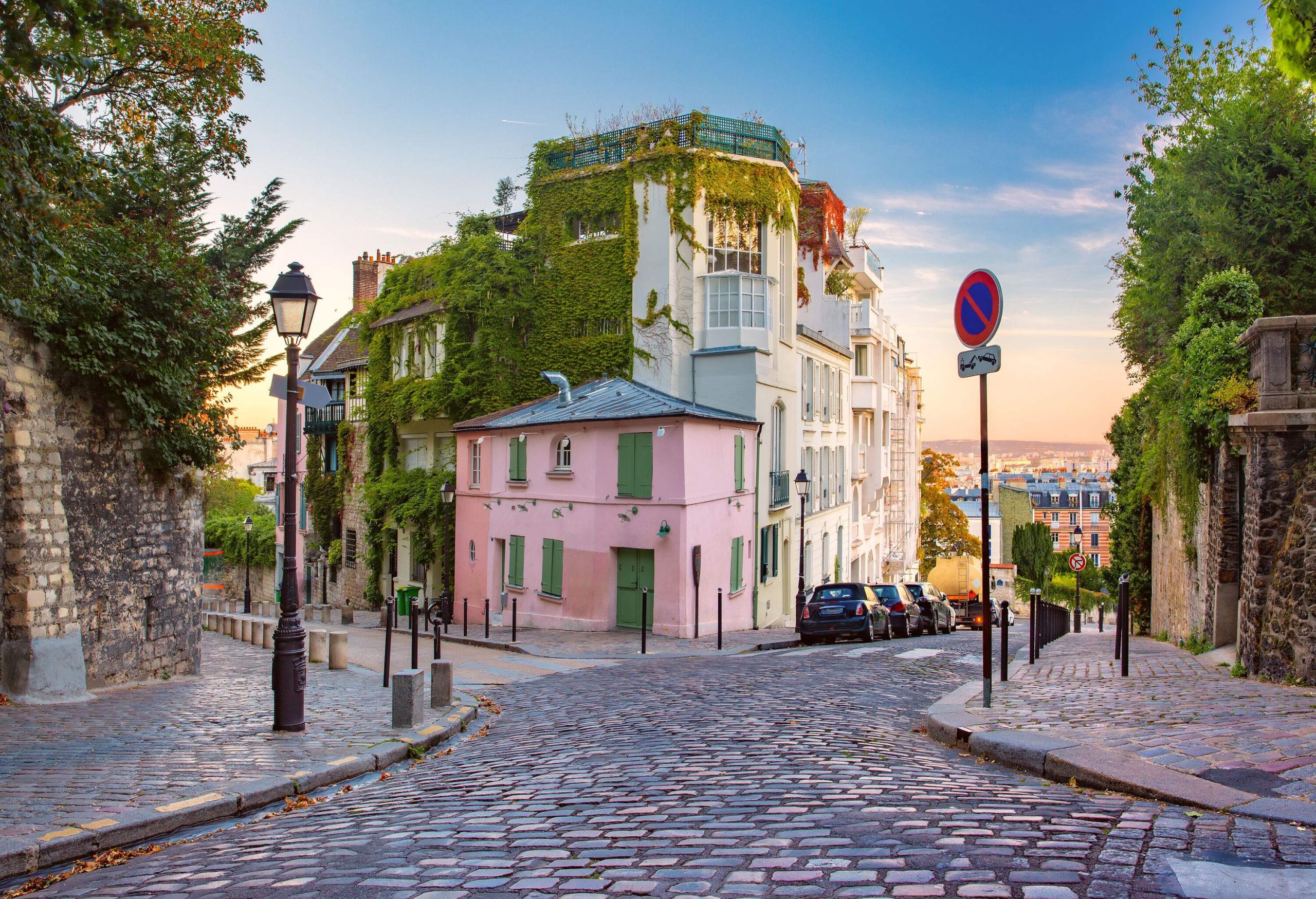 A cobblestone street that leads to a pink building covered in lush vines.