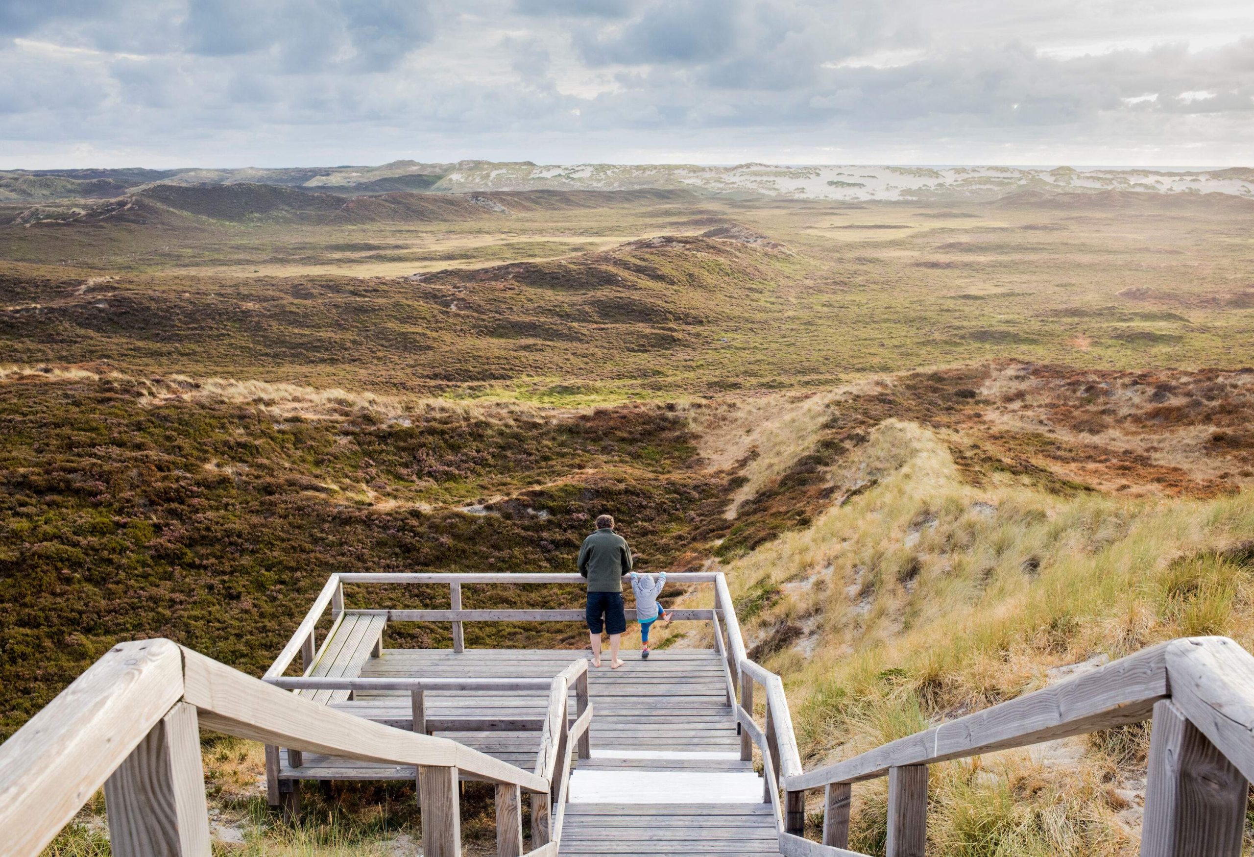 A father and son look out over the natural scenery from atop a wooden staircase.