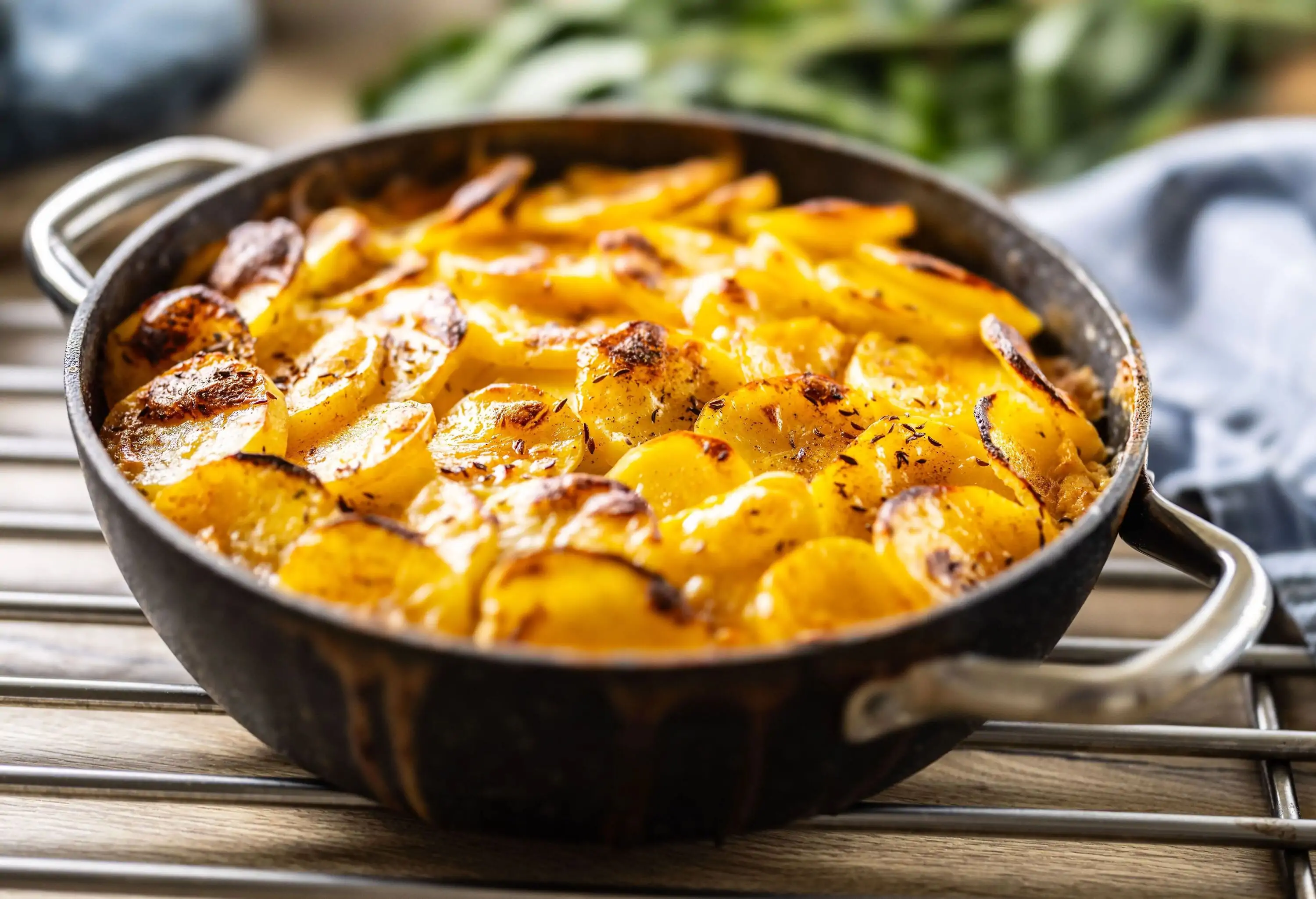 Baked crispy potatoes in a ceramic pot.