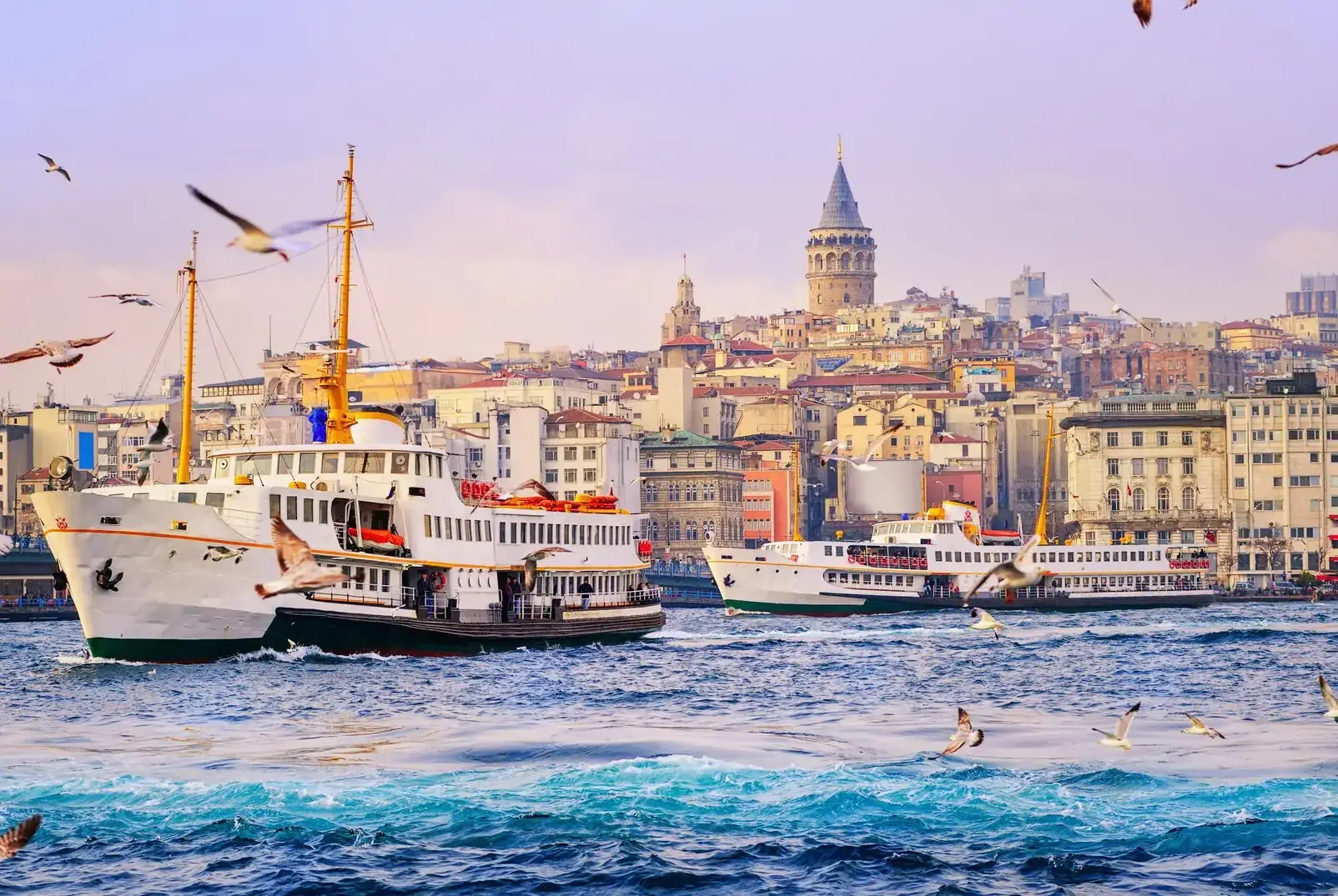 Ferries sailing on the Bosphorus with seagulls flying and the Galata Tower in Istanbul’s skyline.