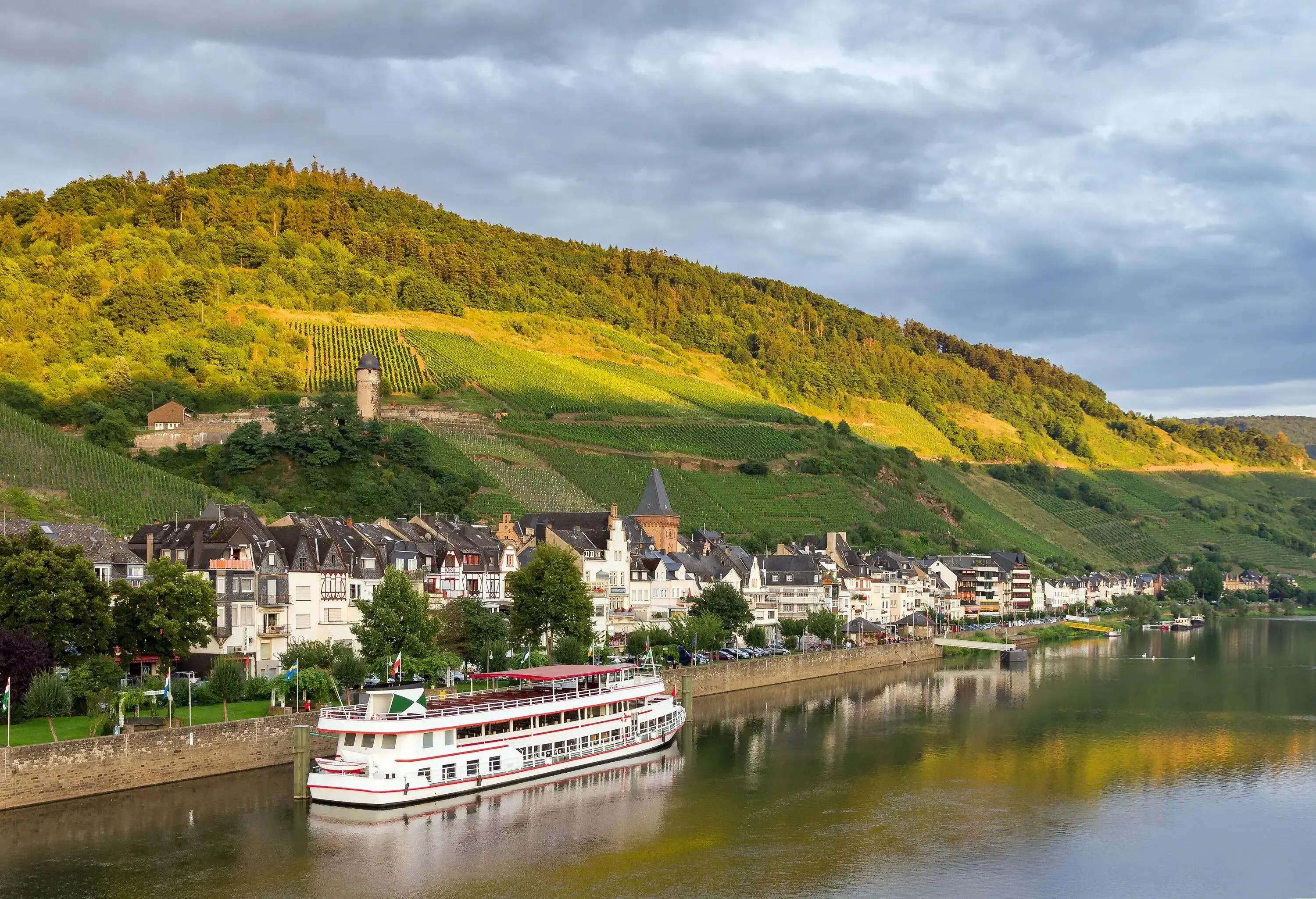 A riverside town with classic buildings beneath the forested hills with vines plantation.