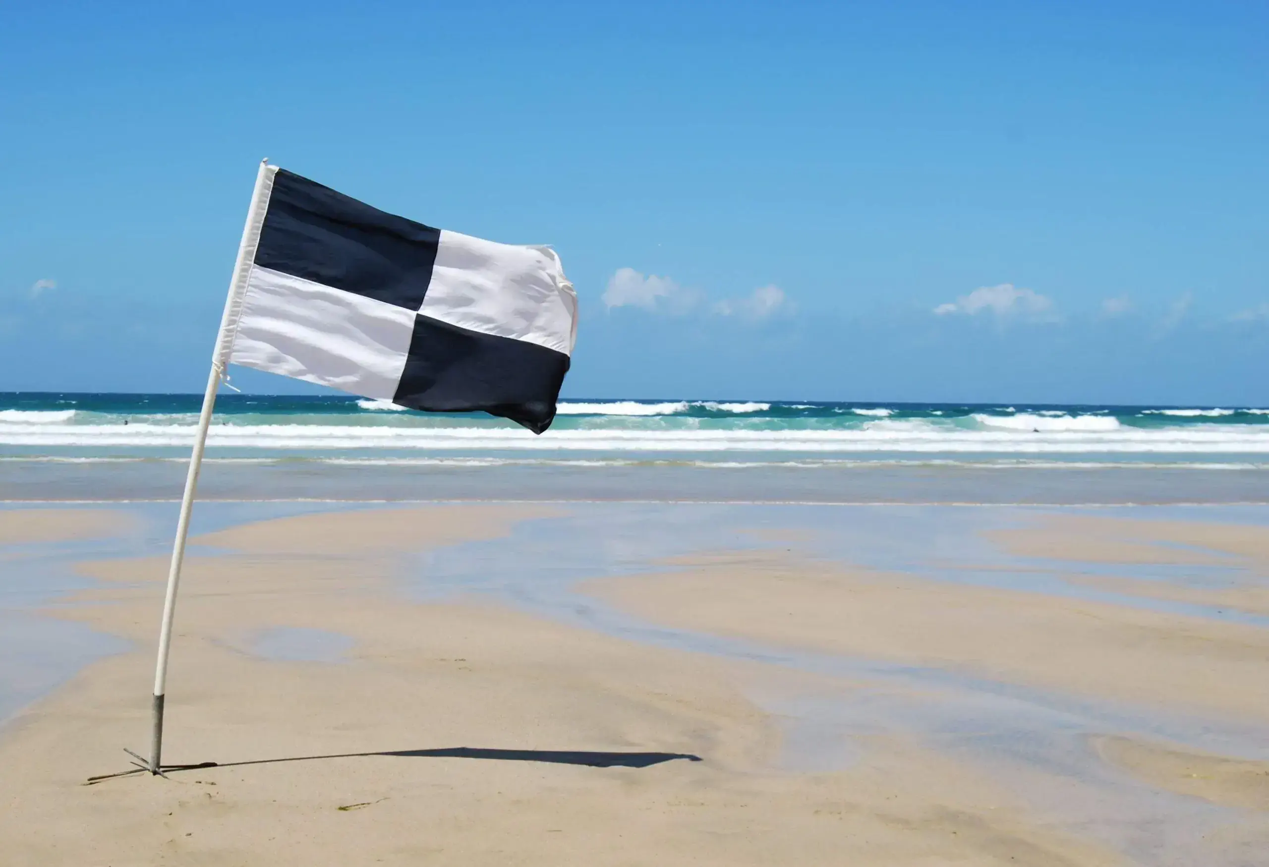 a black and white checked flag at a beach