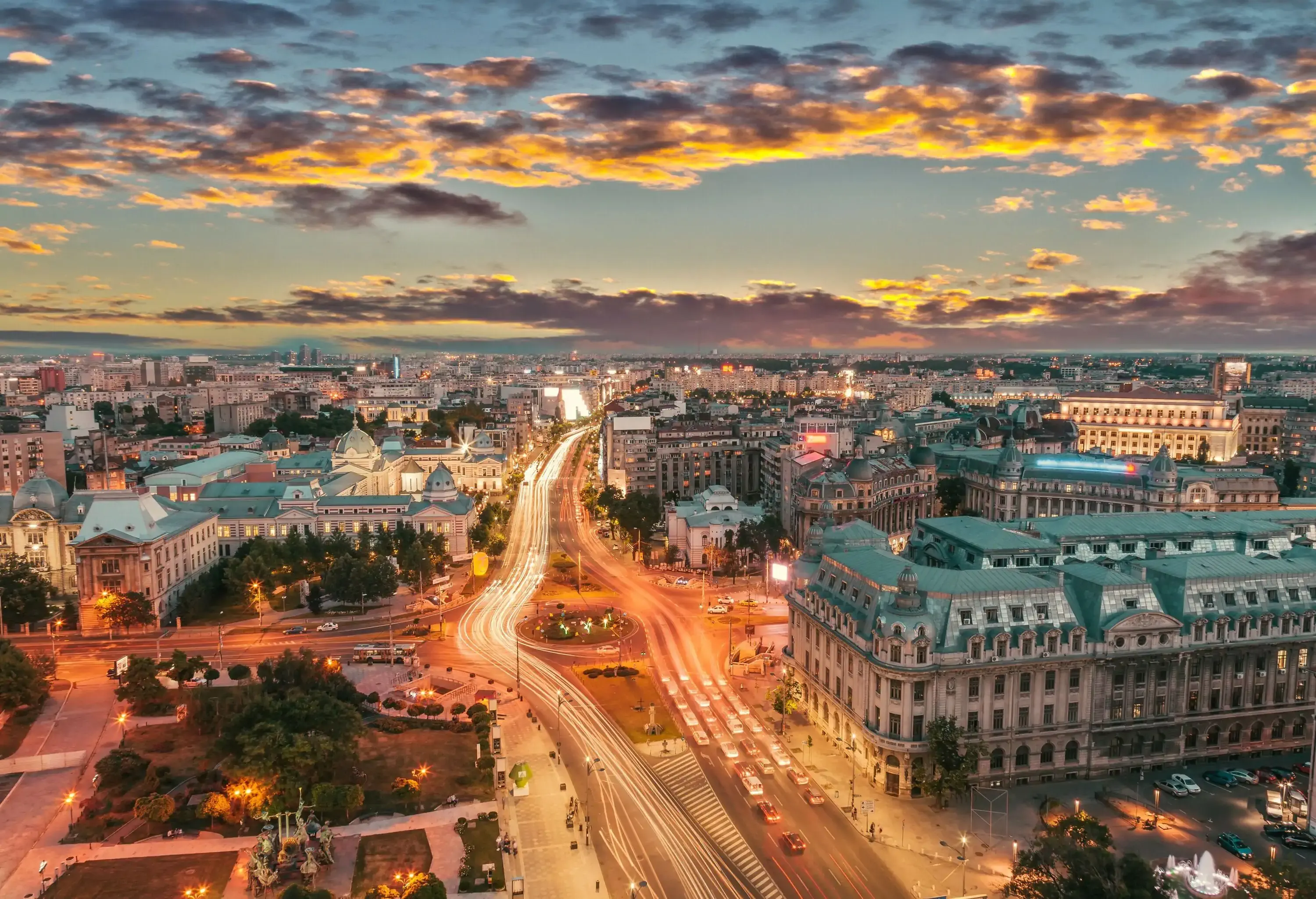 Aerial view at dusk the center of European capital city