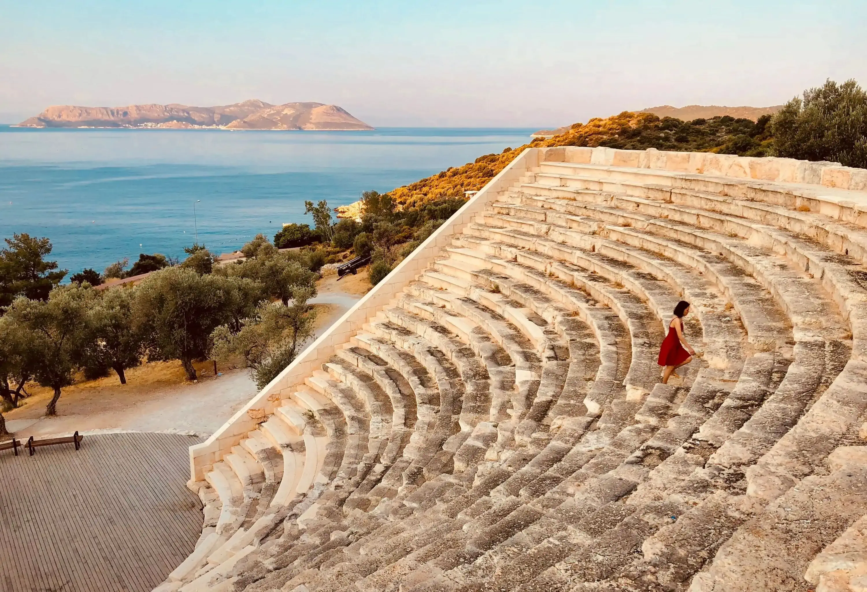A small amphitheater on the seaside of Aegean Sea on a very tranquil morning, Turkey