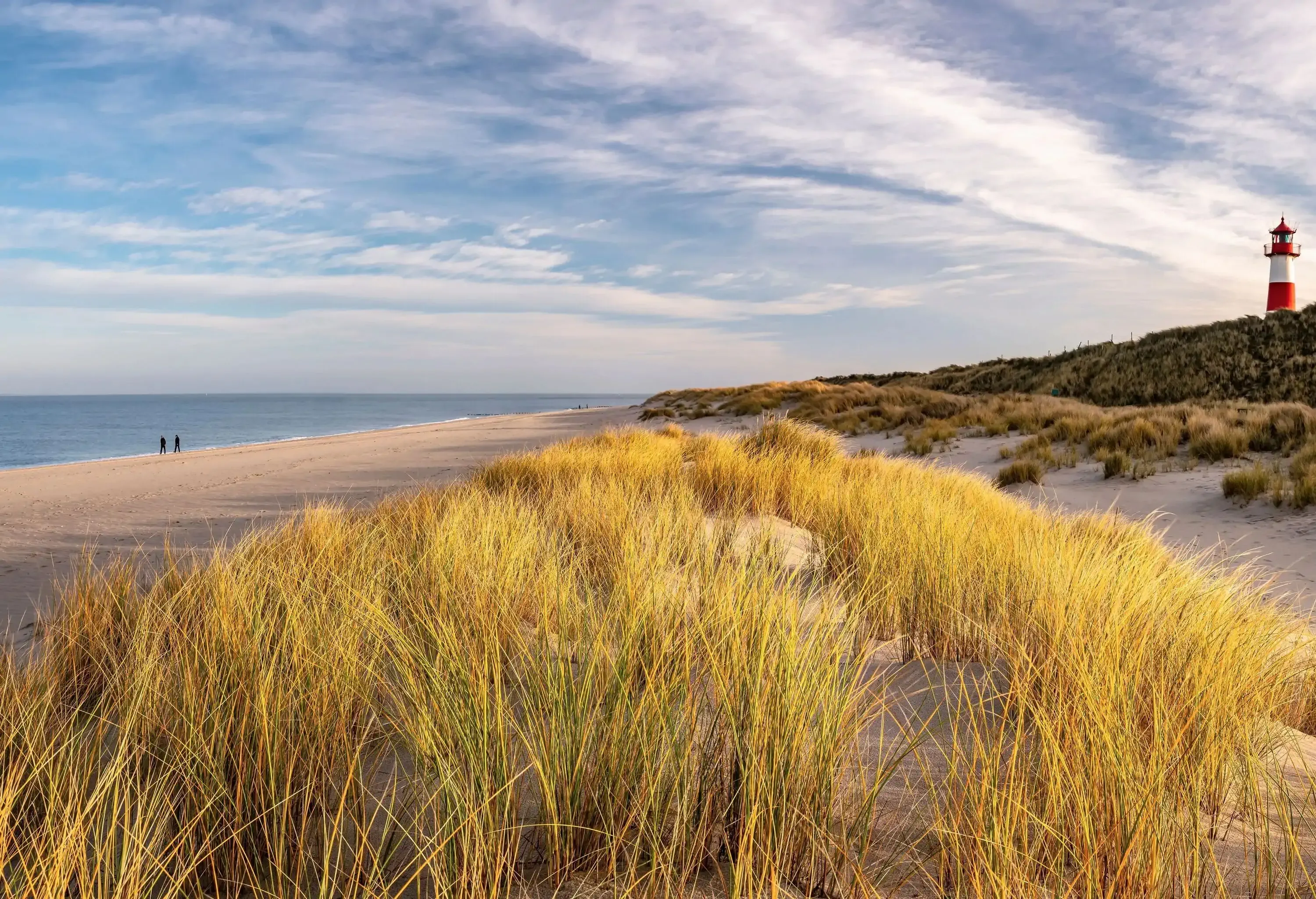 A grassy beach shore and a red lighthouse tower against the cloudy blue sky.