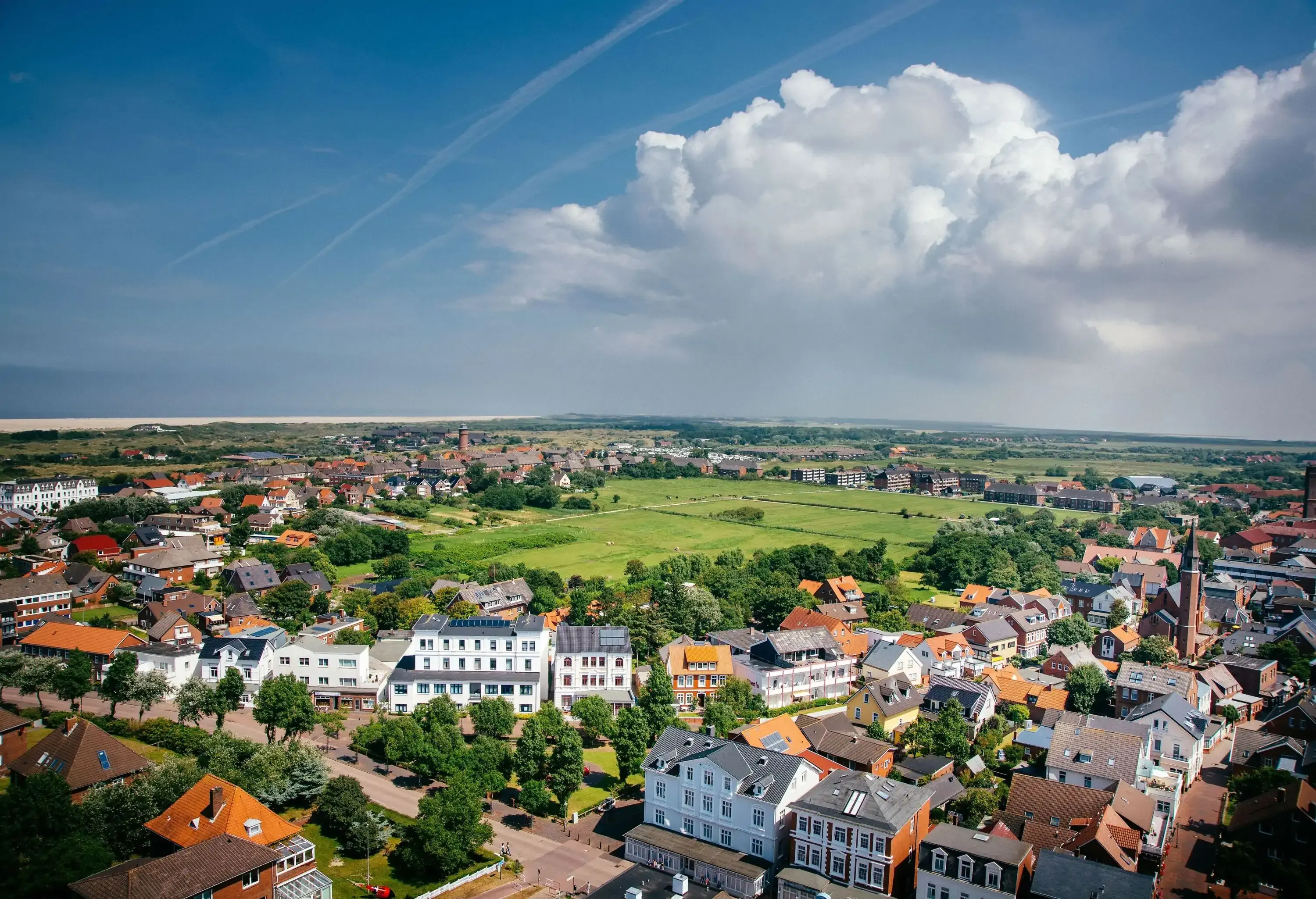A grassy area surrounded by town buildings and houses.
