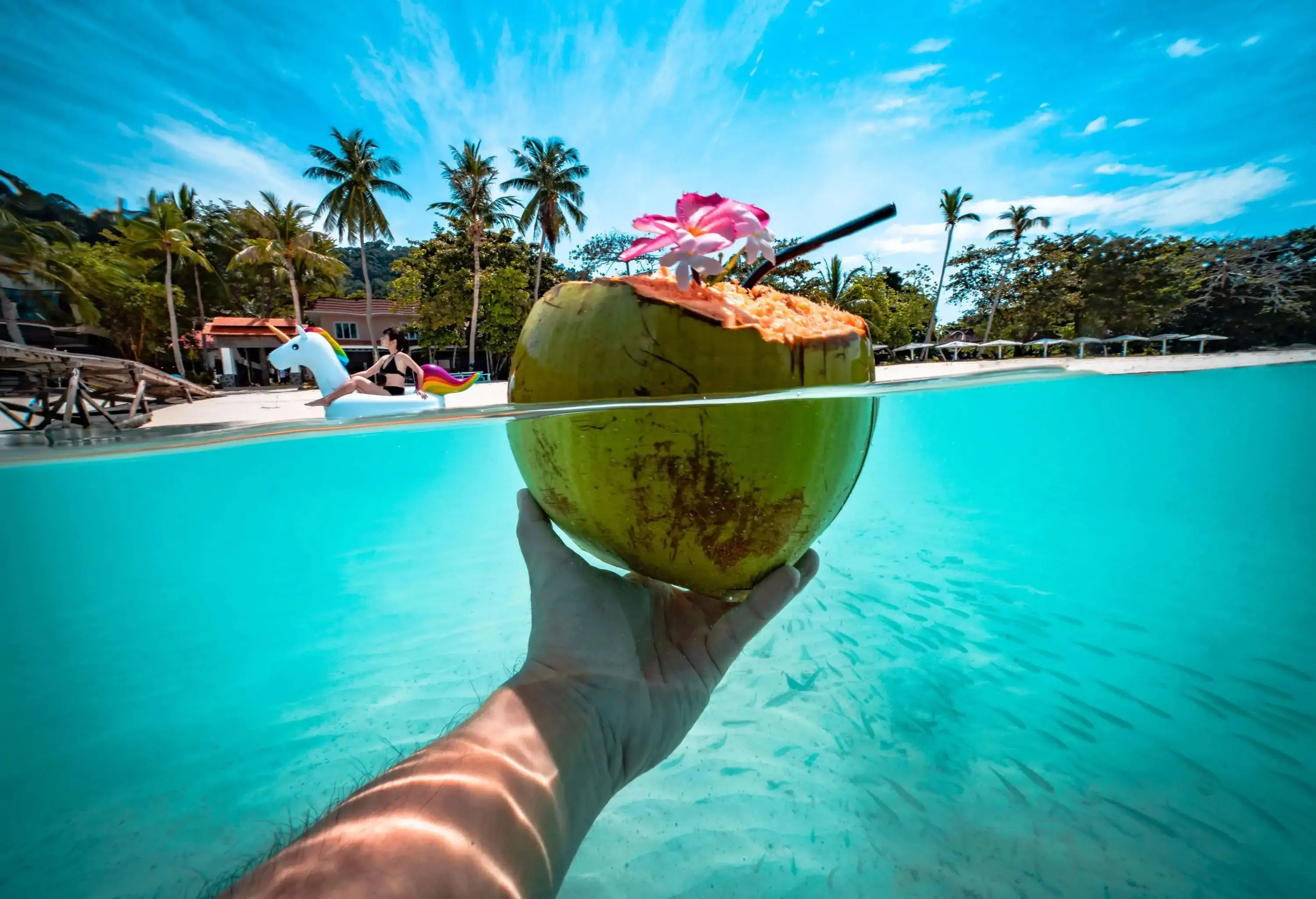holding a coconut drink with a flower as decoration under the crystal clear sea water, with tropical island in the background, and a girl sitting on a floating unicorn