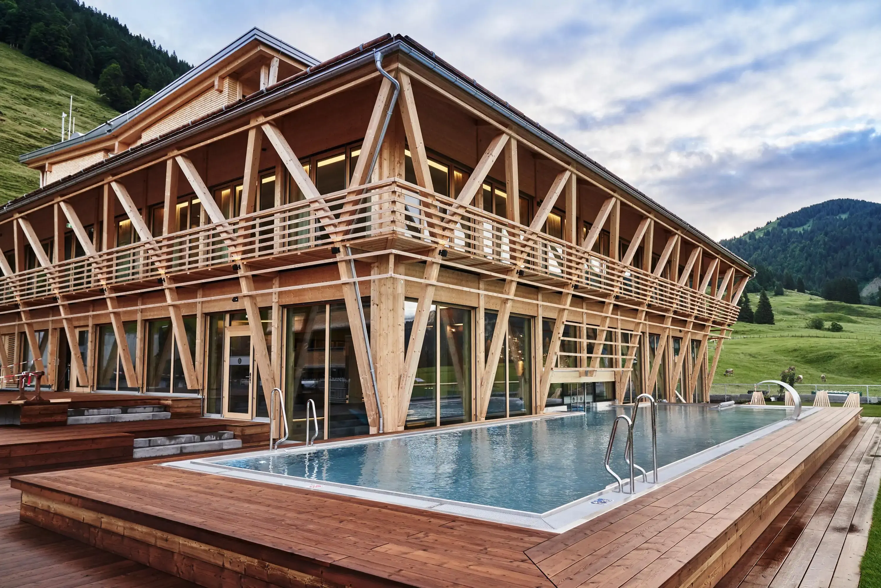 Modern hotel building made of wood with outdoor pool